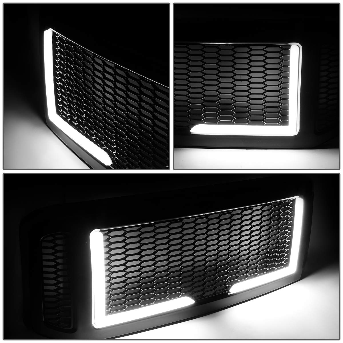 DNA MOTORING GRF-LB-017-BK Gloss Black Badgeless Diamond Mesh LED Front Bumper Grille for 2005-2007 Ford Excursion, F-250 SD/F-350 SD/F-450 SD/F-550 SD - Upgrade Your Truck's Style & Lighting for Off-Road & Custom Builds