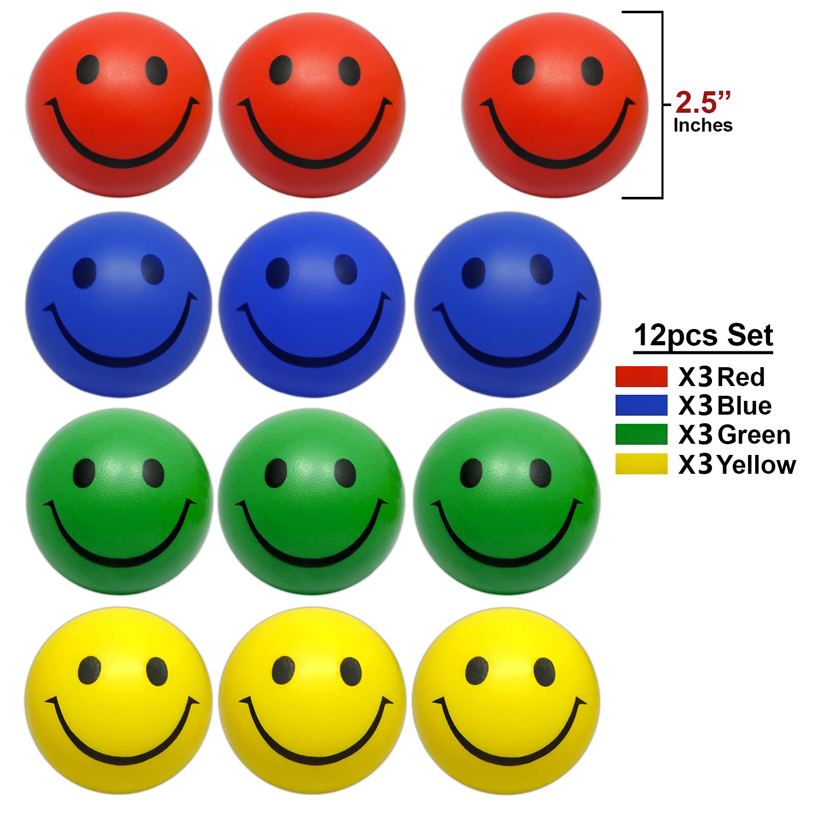 12 Pack Happy Face Stress Balls - 2.5 Inch Colorful Therapy Squeeze Balls with Smile Design for Anxiety Relief, Office Desk Toys & Party Favors - Perfect for Goodie Bags, Classrooms and Stress Management