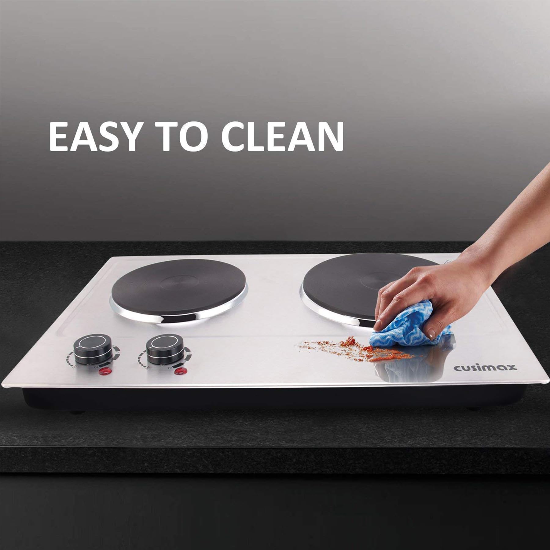 CUSIMAX 1800W Double Burner Electric Hot Plate - Stainless Steel Portable Cooktop with Cast Iron Heating Plates | Easy Clean Countertop Burner for Home, Office & Camping Cooking | Upgraded Version C180N