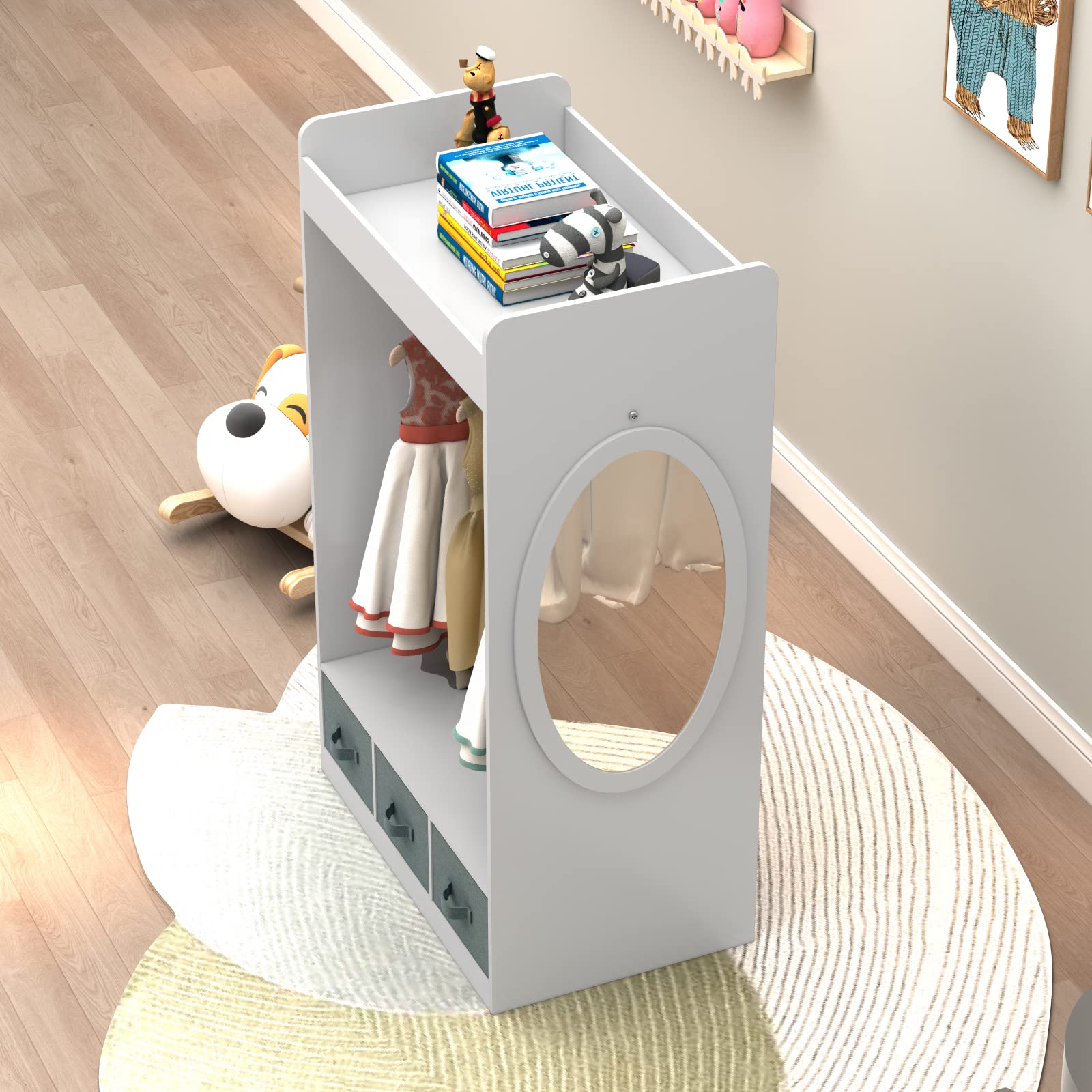 Kids Costume Organizer with Mirror & Storage Bin - Hanging Dress Up Closet for Pretend Play - White | Perfect for Bedroom, Playroom & Toy Storage Organization