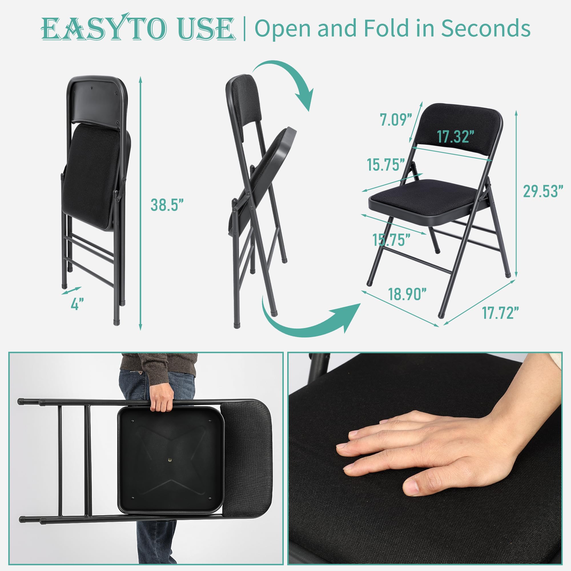 6 Pack Black Folding Chairs with Padded Seat & Back - Stackable Fabric Dining Chairs for Home, Office, Wedding - Portable Commercial Foldable Chairs for Indoor & Outdoor Events - Perfect for Parties, Banquets, Picnics and Camping