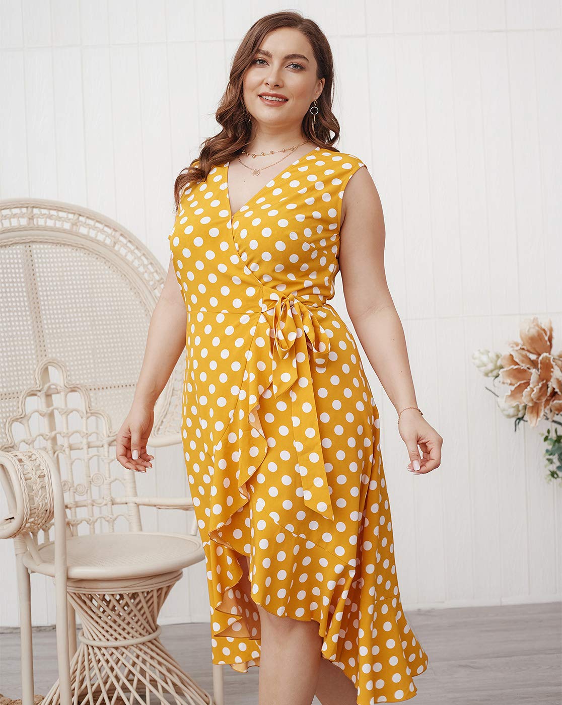 Plus Size Women's Summer Dress - Sleeveless Polka Dot Bohemian Wrap Dress with Belted Empire Waist & Asymmetrical Hem | Perfect for Beach Vacations, Date Nights & Summer Parties