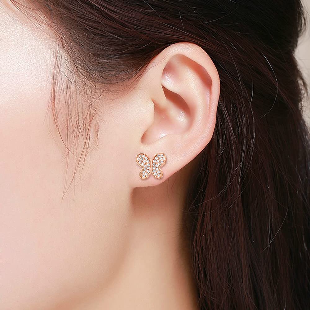 925 Sterling Silver Rose Gold Plated Butterfly Stud Earrings with Micro Pave CZ Cubic Zirconia - Elegant Jewelry for Women, Gift for Her, Perfect for Parties, Weddings & Everyday Wear
