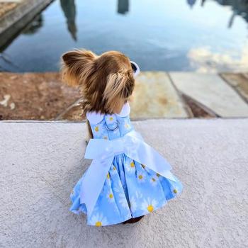 Blue Daisy Harness Dress with Matching Leash - Stylish Pet Fashion for Dogs, Perfect for Walks, Photos & Special Occasions