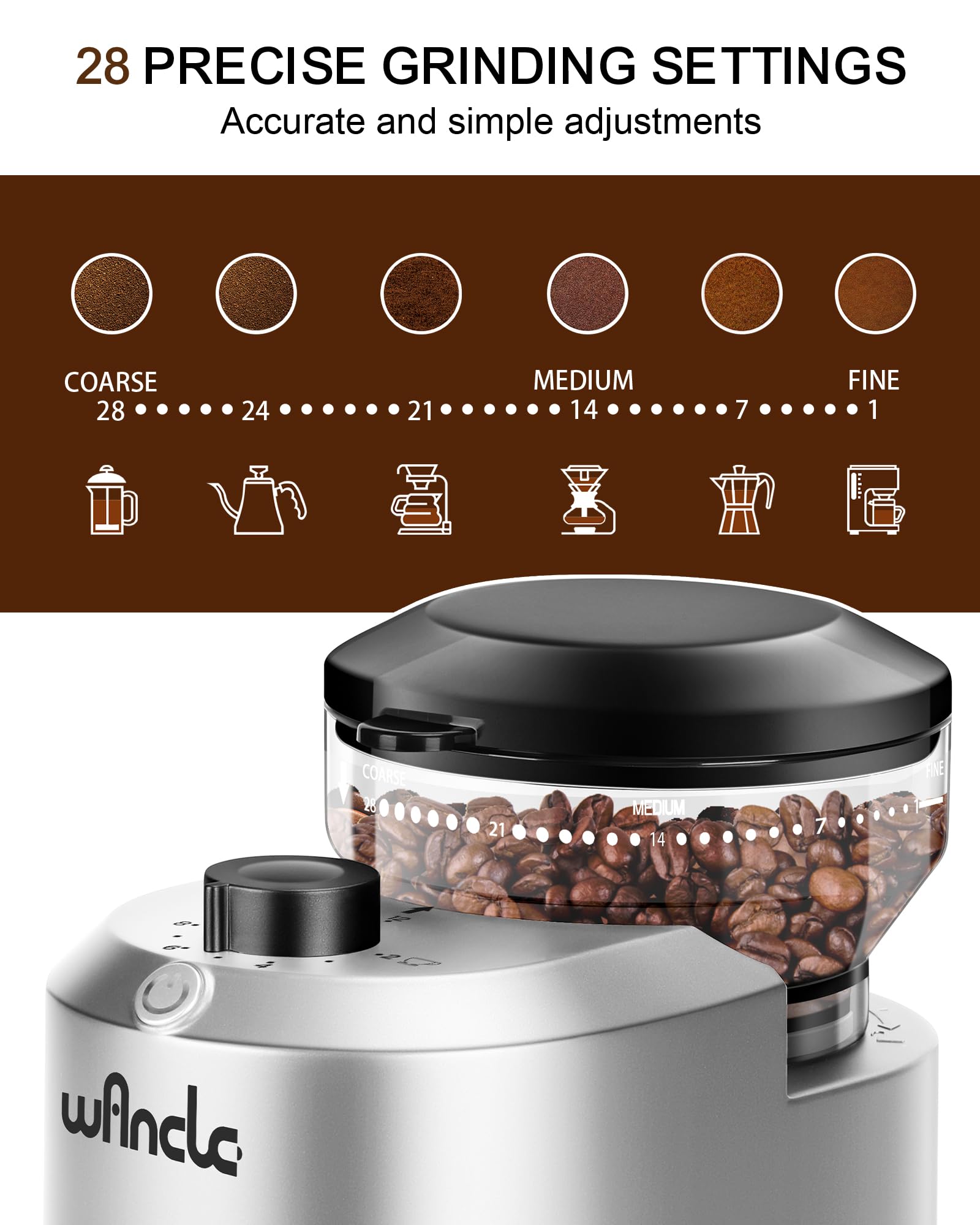 Wancle Electric Burr Coffee Grinder - Adjustable 28 Precise Grind Settings for 12 Cups - Professional Coffee Bean Grinder with Stainless Steel Blades (Plastic, Silver) - Perfect for Espresso, French Press, Cold Brew & Home Coffee Brewing