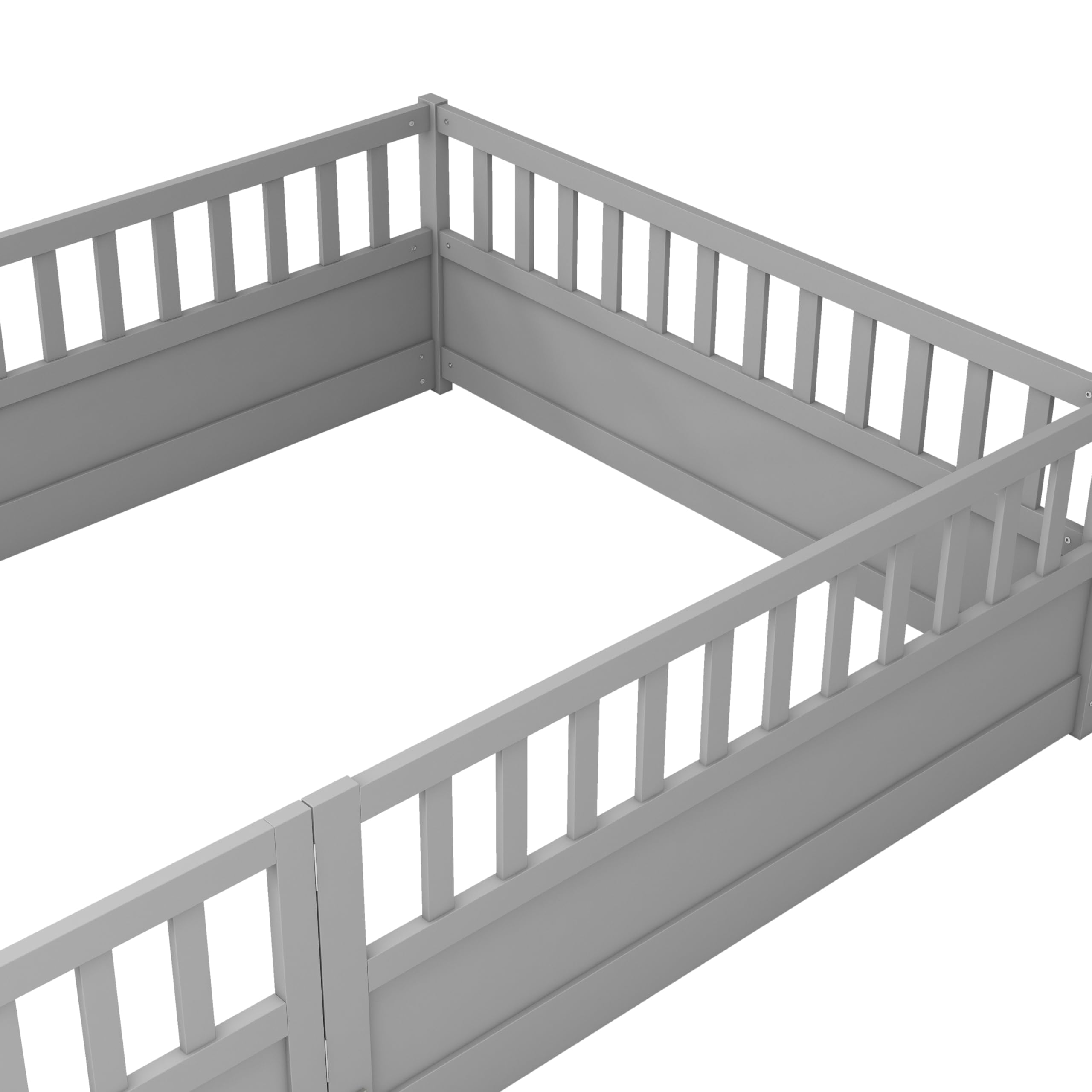 Montessori Wood Floor Bed for Kids - Full Size with High Safety Rails & Door Design, Grey - No Bed Slats Needed - Perfect for Toddler Rooms, Daycare Centers & Montessori Classrooms