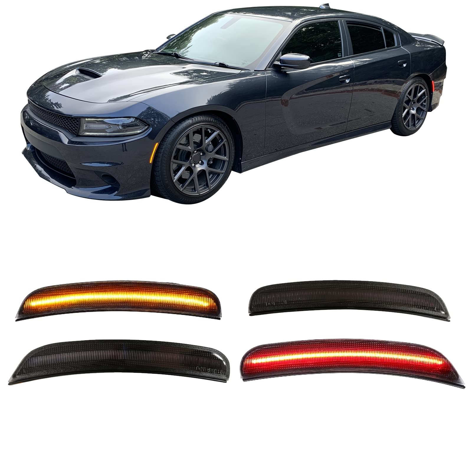 Smoked LED Side Marker Lights for Dodge Charger 2015-2021 - Front & Rear Replacement Compatible with Part Numbers 68214405AA, 68214404AA, 68214127AA, 68214126AA - Upgrade Your Charger's Style & Visibility for Night Driving and Custom Car Looks