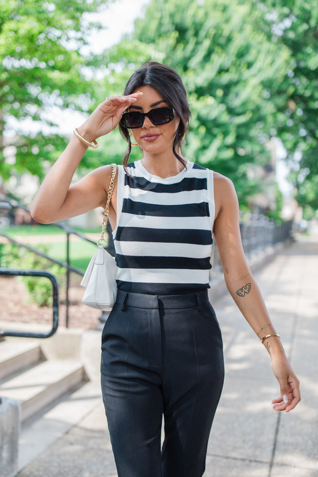 Black Striped Crew Neck Sweater Tank Top for Women - Stylish Casual Summer Tops for Travel, Beach & Everyday Wear