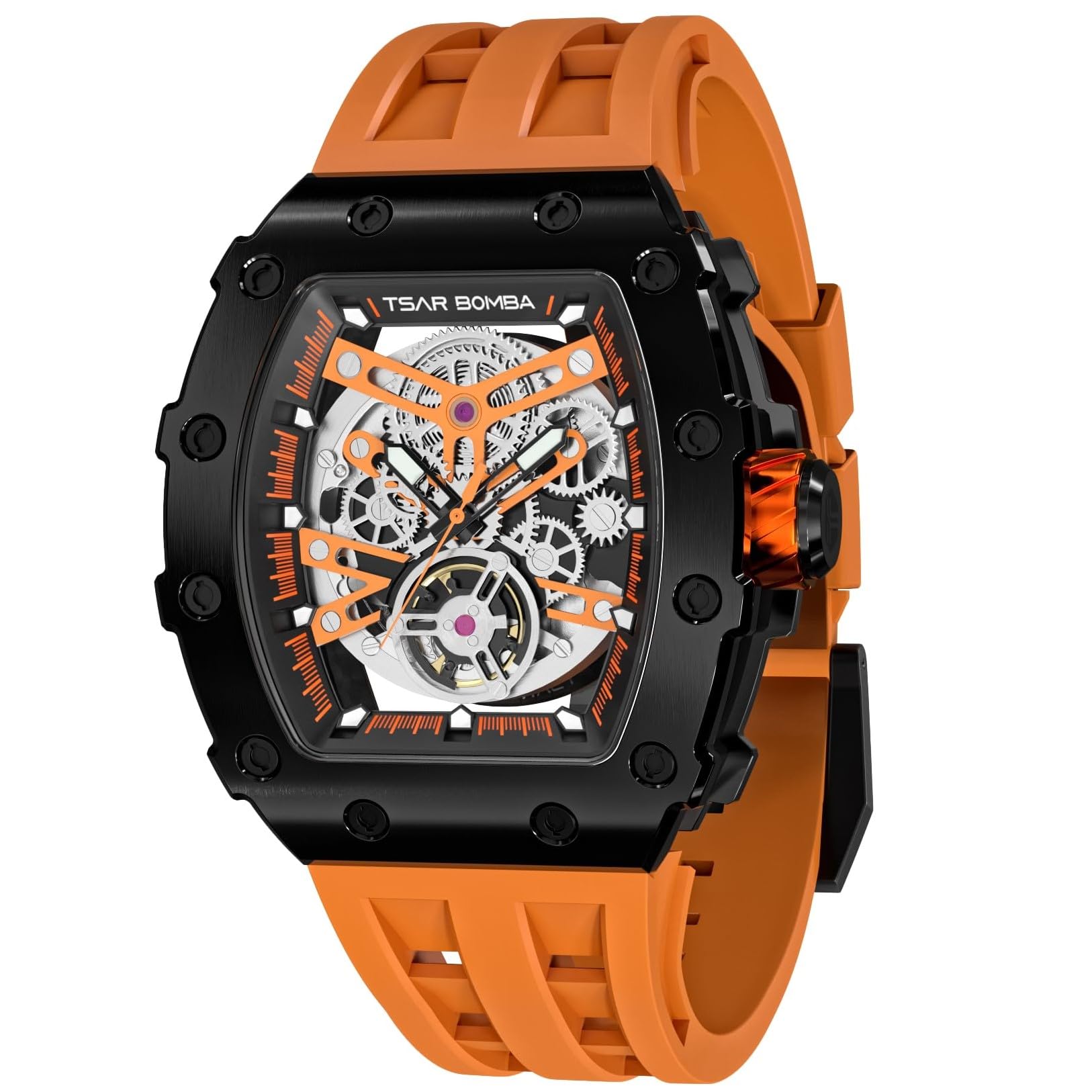 TSAR BOMBA Automatic Skeleton Mechanical Watch for Men - Carbon Fiber Bezel, 50M Waterproof, Silver Dial, Silicone Strap - Luxury Dress Watch for Business, Formal Events & Everyday Wear - Unique Stylish Mens Wristwatch