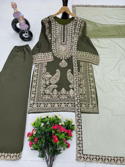 Olive Green Chinon Bell Sleeves Embroidered Palazzo Suit Set for Women | Elegant Boho Outfit for Party, Wedding & Special Occasions