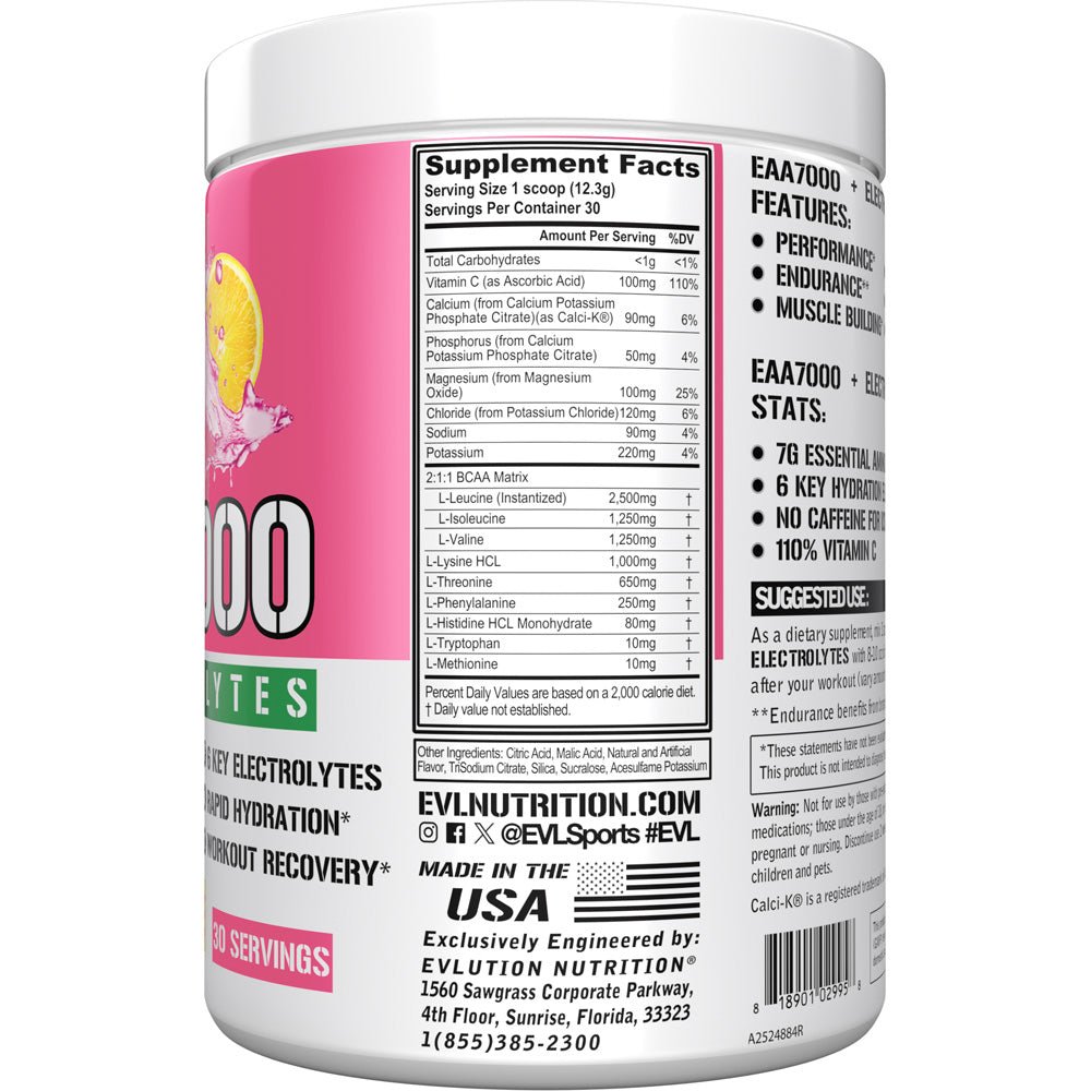 EVLUTION NUTRITION EAA7000 + Electrolytes - Essential Amino Acid Supplement with Hydration Support for Athletes & Fitness Enthusiasts - Pre-Workout, Post-Workout & Recovery Drink