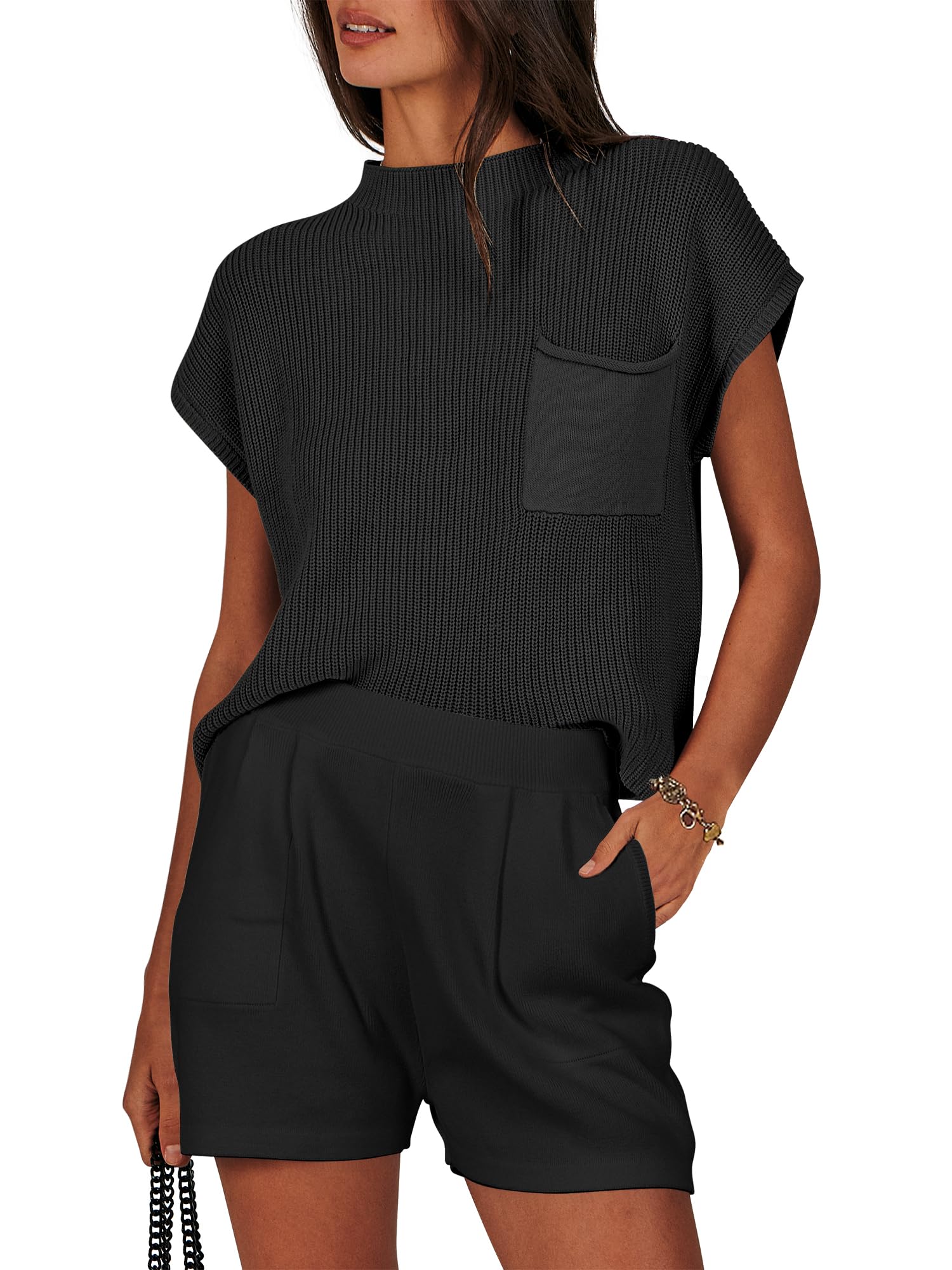 ANRABESS Women's Summer Knit Sweater & Shorts Two Piece Set - Casual Pullover Top & Lounge Shorts Matching Outfit for Beach, Vacation & Relaxation