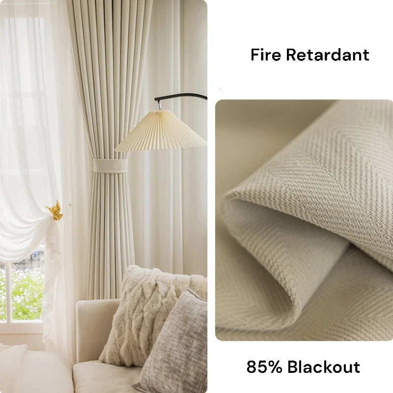 Janet Herringbone Fire Retardant Chenille Blackout Curtains for Bedroom & Living Room - Thermal Insulated Noise Reducing Window Drapes for Home Decor
