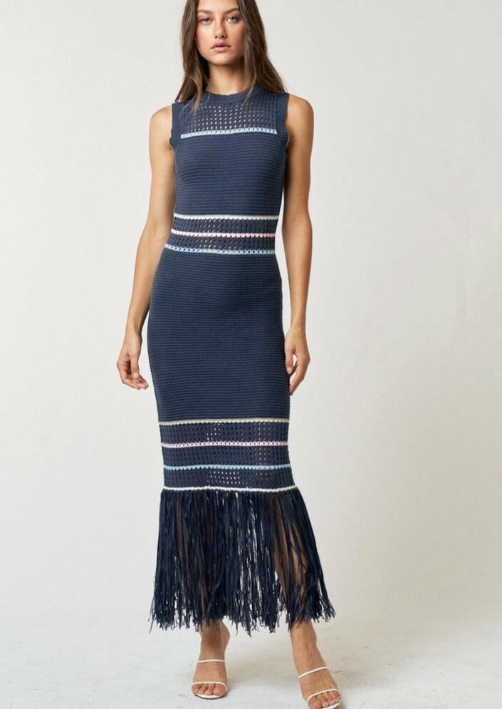Navy Blue Striped Knit Maxi Dress for Women - Elegant Long Sleeve Beach Cover Up & Summer Casual Outfit