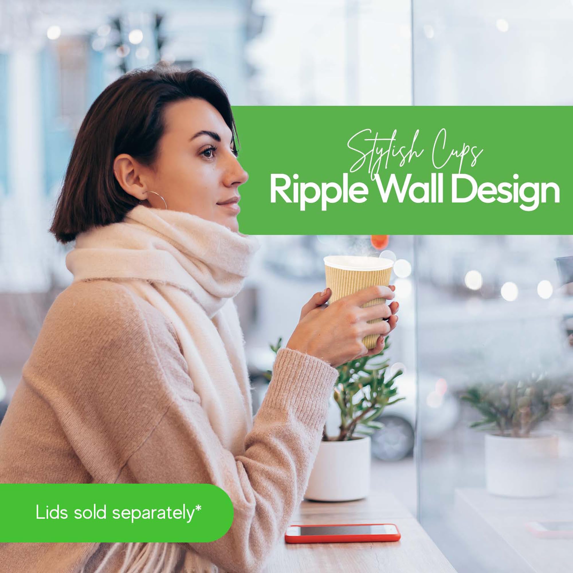 500-Count Disposable 12-OZ Kraft Paper Coffee Cups with Ripple Wall Design - No Sleeve Needed - Insulated Hot Beverage Cups for Coffee, Tea & Hot Chocolate - Eco-Friendly Recyclable Takeout Cups for Cafes, Offices & Events - Bulk Wholesale Packaging