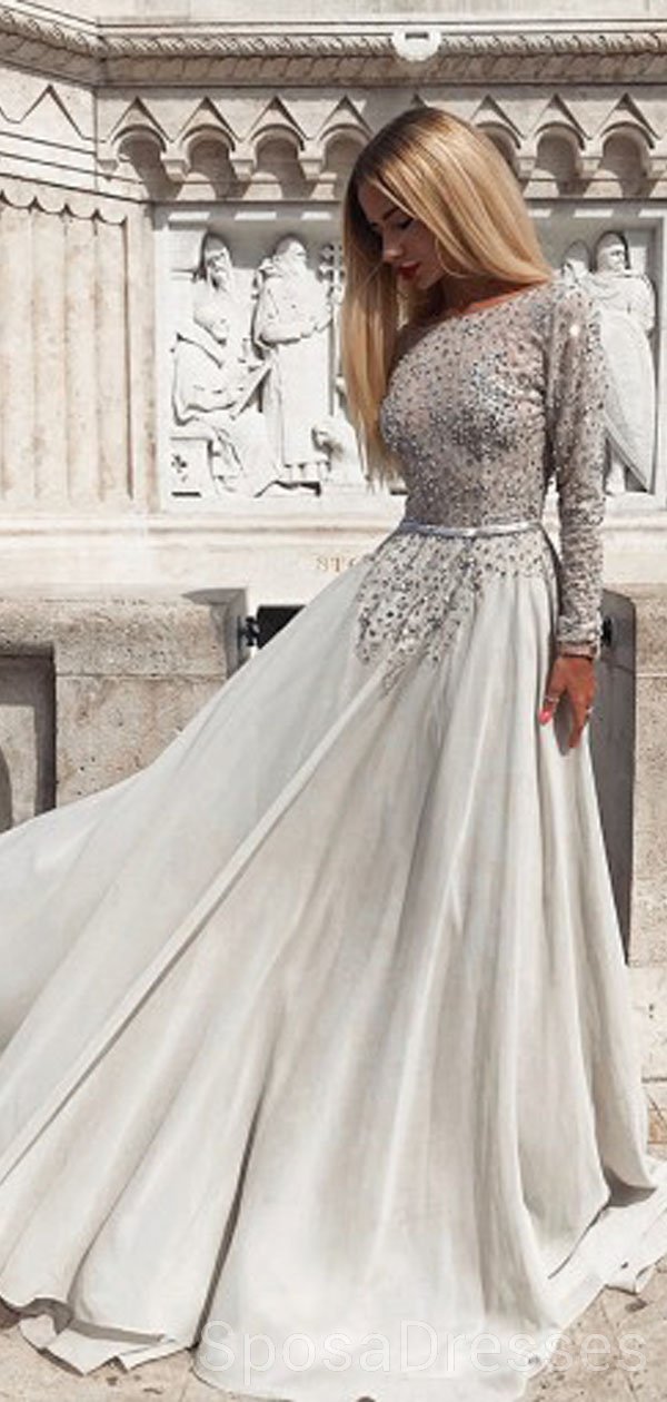 Elegant Long Sleeve Backless Grey Lace Beaded Prom Dress for Evening & Sweet 16 Parties - Custom Sizing Available | Perfect for Homecoming, Formal Events & Special Occasions