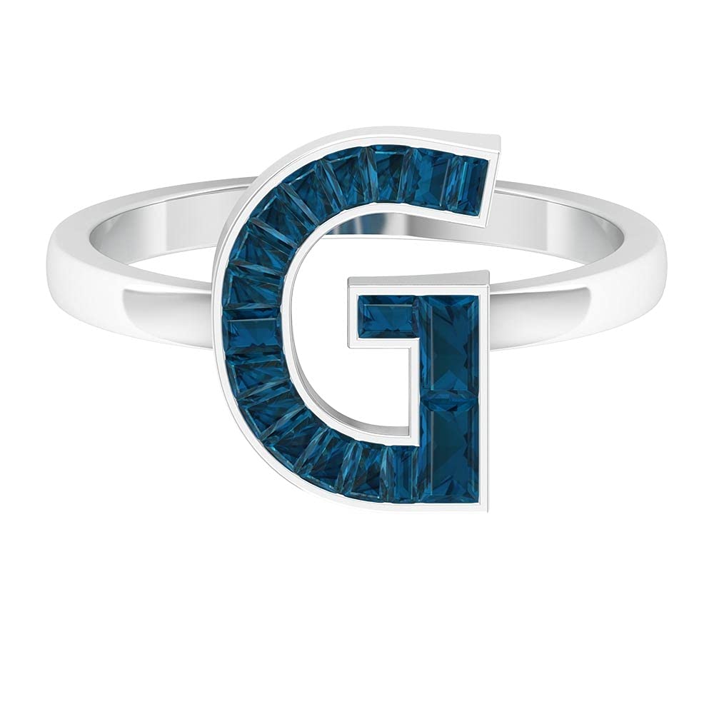 London Blue Topaz Initial Rings for Women - A-Z Alphabet Rings in 14K White Gold, Personalized Baguette Blue Topaz Jewelry | Perfect for Birthdays, Anniversaries & Gifts