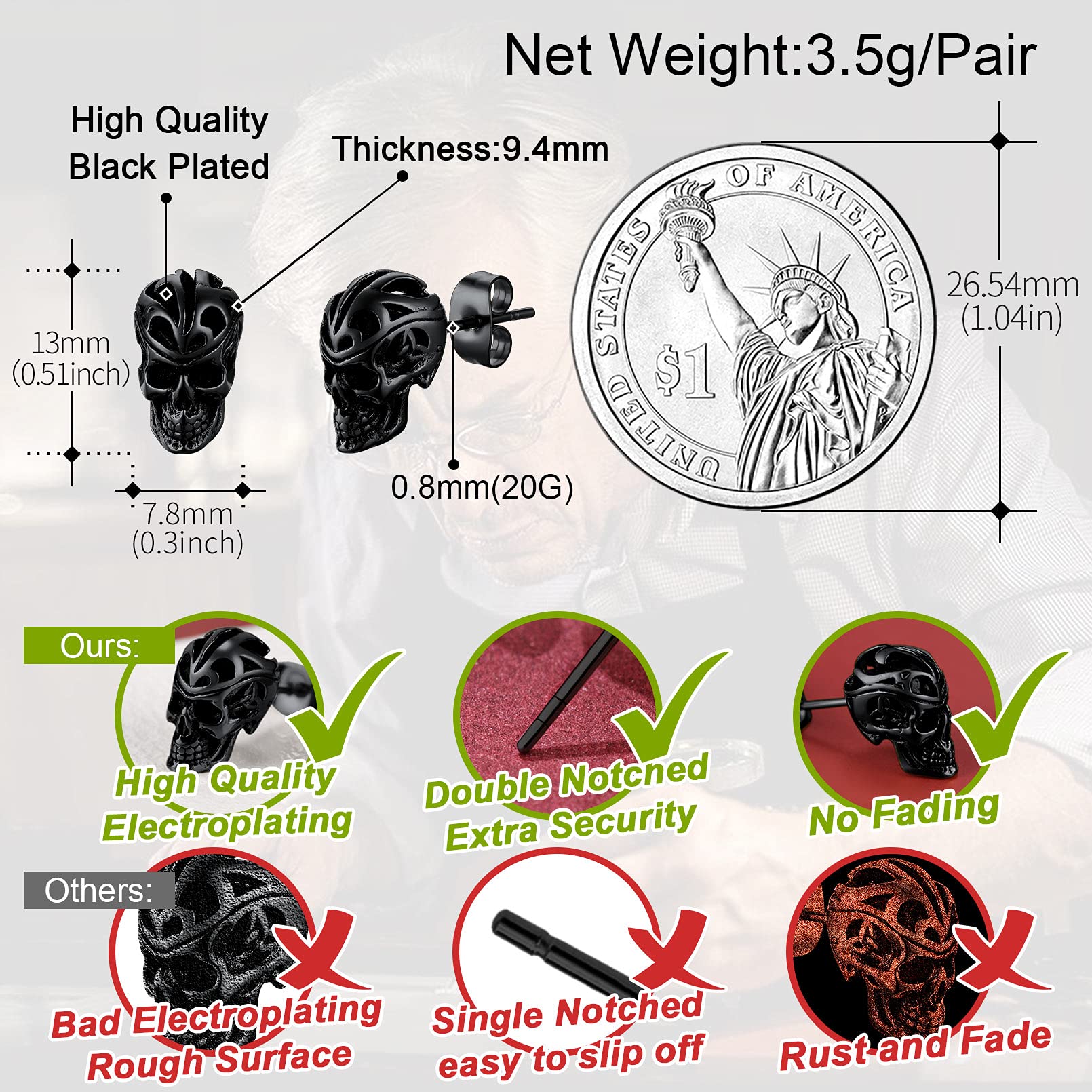 FaithHeart Skull Hoop Earrings for Men & Women - Silver/Black/Gold Stainless Steel Huggie Earrings - Lightweight Hypoallergenic Jewelry for Sensitive Ears - Perfect for Punk, Gothic & Everyday Wear