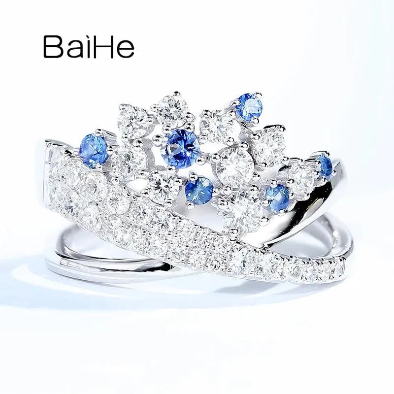 14K White Gold Natural Sapphire & Diamond Crown Ring for Women - Elegant Wedding & Engagement Gift - Fine Jewelry for Bridal, Anniversary & Special Occasions