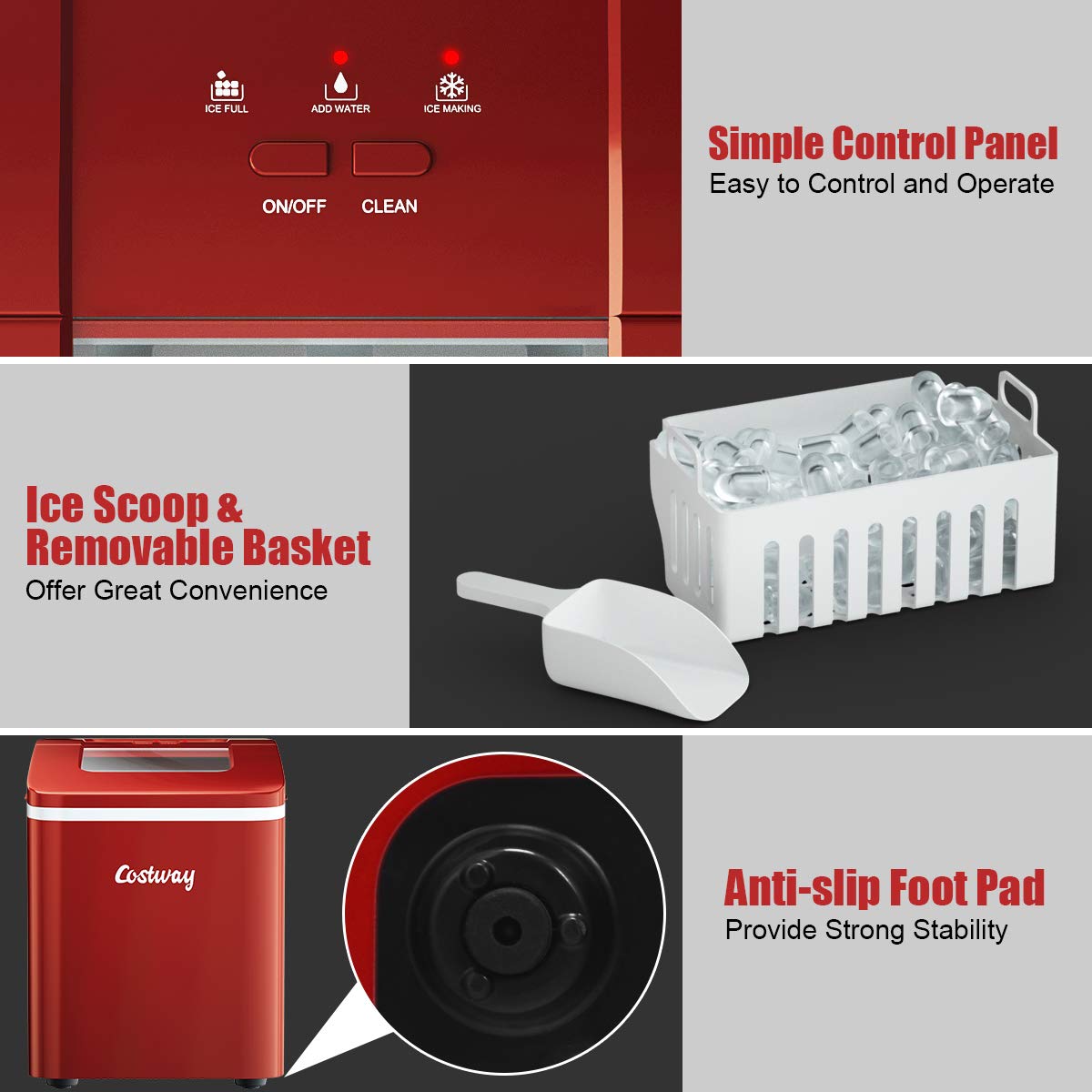 COSTWAY 26Lbs/24H Portable Countertop Ice Maker with Self-Cleaning Function - Makes Bullet Ice Cubes in 8 Minutes - Includes Scoop & Removable Basket - Perfect for Home, Parties, Bars, RV Trips & Outdoor Gatherings (Red)