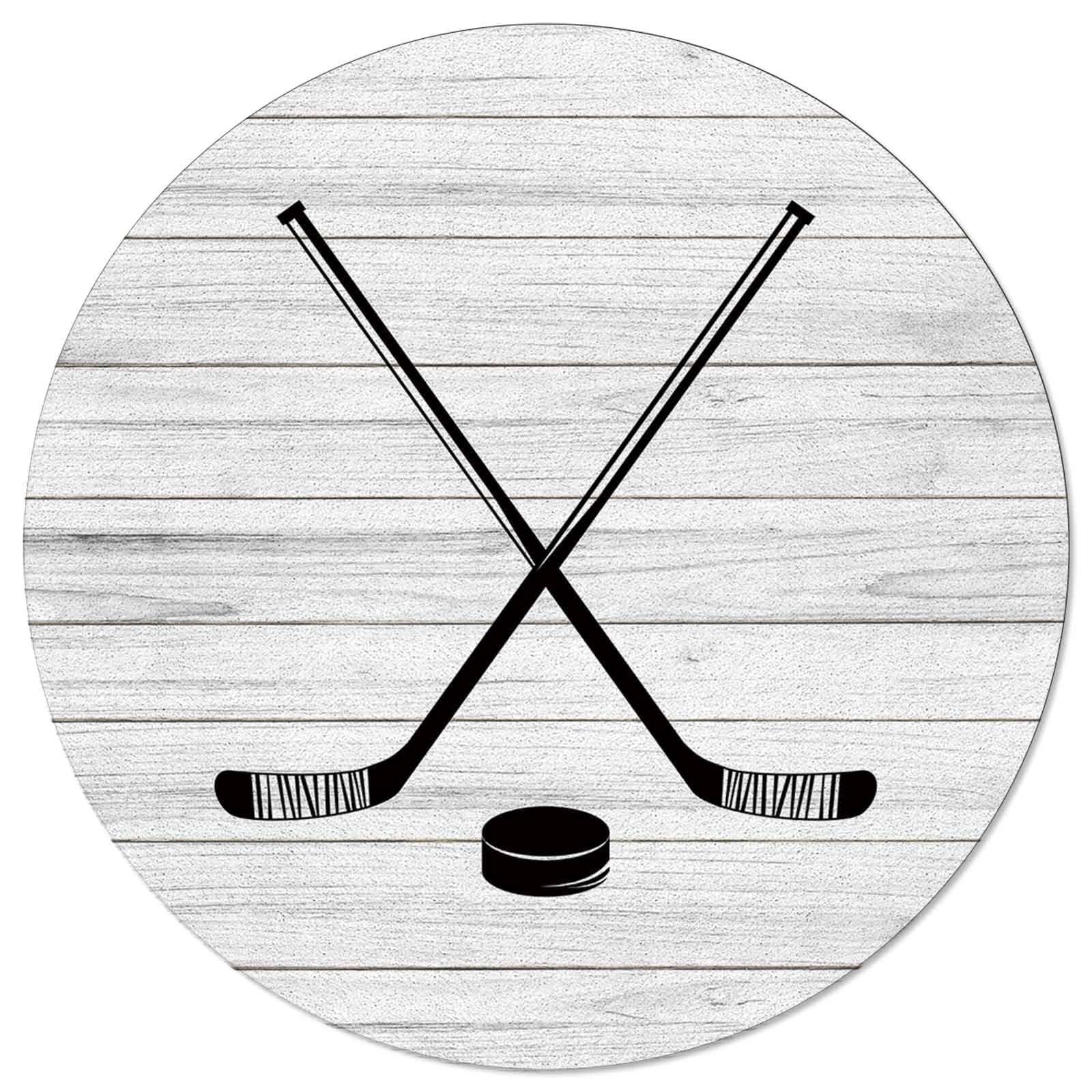 Hockey Sport Theme Round Area Rugs - 4ft Diameter Anti-Skid Floor Carpet Mat for Kids Room, Nursery, Office, Bedside & Living Room - Rustic Wooden Board Design for Home Decor & Game Room