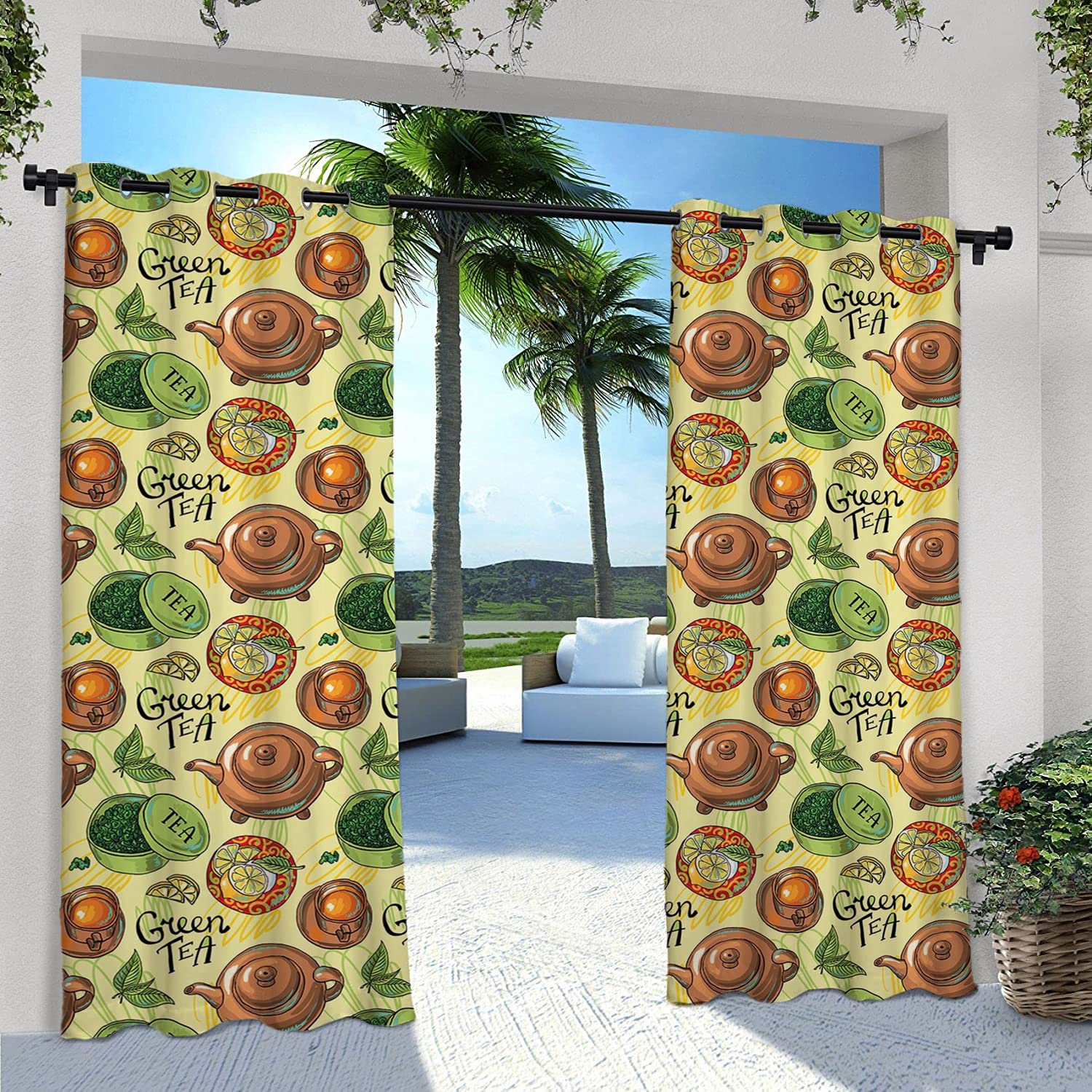 Outdoor Waterproof Tea Party Curtain with Green Tea & Lemon Slice Pattern - Sun Blocking Privacy Curtain for Patio, Pergola, Front Porch | Perfect for Garden Tea Parties, Outdoor Relaxation & Summer Decor