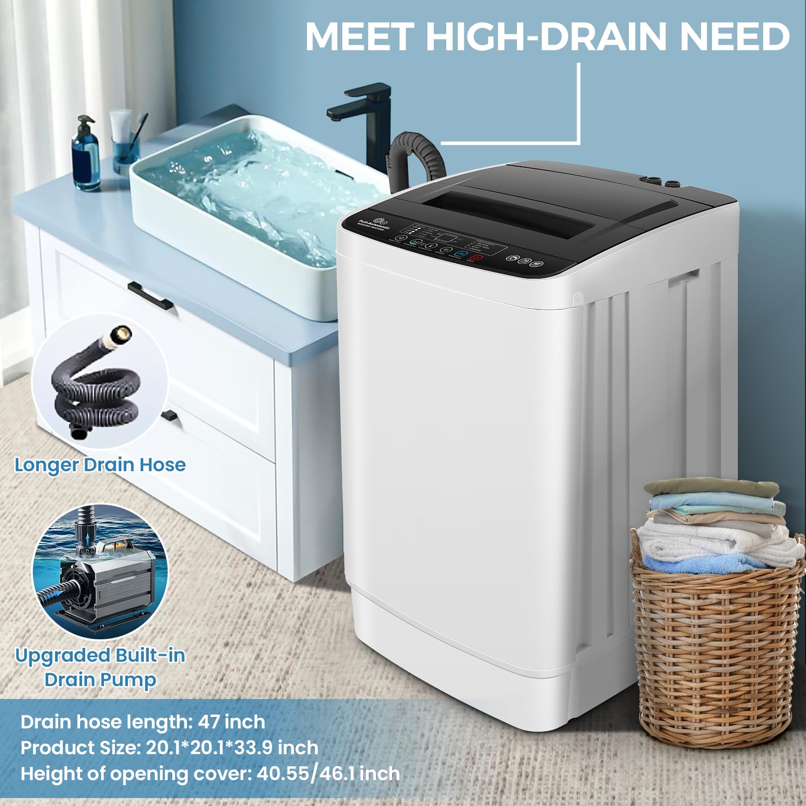 Nictemaw 20Lbs Portable Washing Machine with Drain Pump - 2.8Cu.ft Full-Automatic Compact Washer, 4 Programs, 4 Water Levels, 3 Temperature Settings - Perfect for Apartments, RVs, Dorms & Small Spaces - Ideal for Laundry in Tight Spaces, Travel & Off-Grid Living