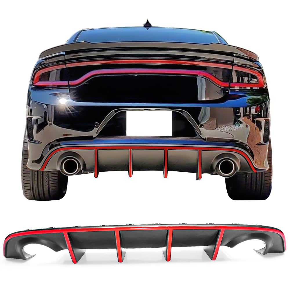 IKON MOTORSPORTS Front Bumper Lip Spoiler & Rear Diffuser Kit for 2015-2023 Dodge Charger SRT | Factory Style Design with Red Reflective Tape | Aggressive Styling Upgrade for Street & Track Performance