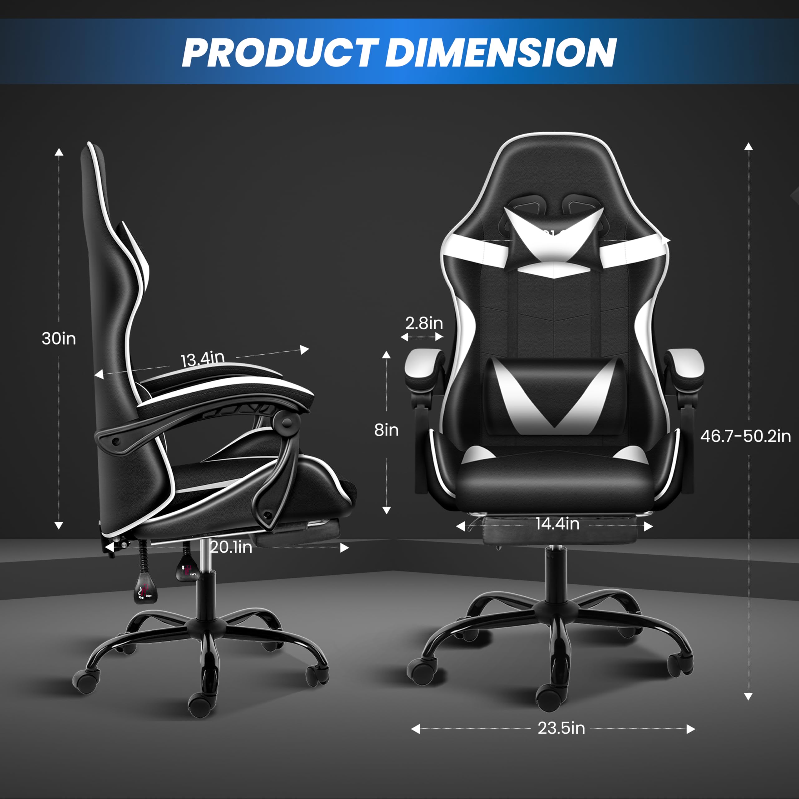 **YSSOA Ergonomic Gaming Chair with Adjustable Footrest, Height & 90°-135° Recline - Racing Style Computer Chair for Office & Home, Lumbar Support, Swivel Base (Black/White) - Perfect for Long Gaming Sessions & Work from Home**