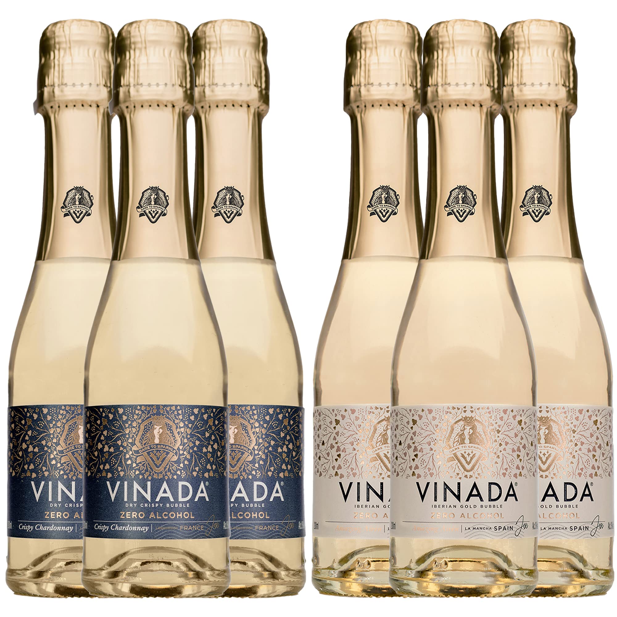 VINADA Sparkling Gold & Crispy Chardonnay Non-Alcoholic Wine - 6 Pack (200ml Glass Bottles) | Zero Alcohol Alternative for Parties, Celebrations & Healthy Lifestyle