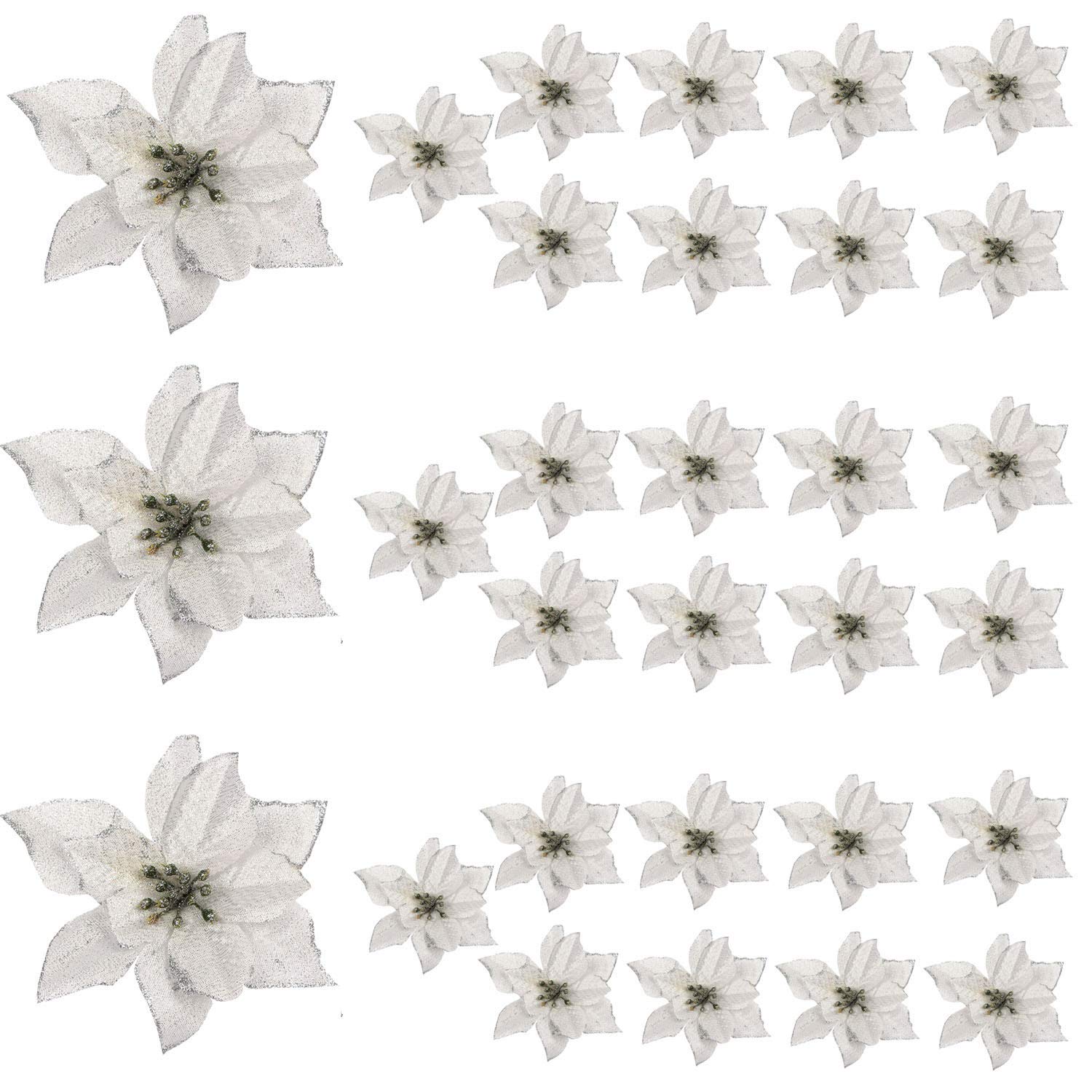 30-Piece Silver Glitter Christmas Tree Ornaments - Artificial Poinsettia Flowers for Holiday Decor, Wedding & Christmas Tree Wreaths - Perfect for Home, Party, and Festive Decorations