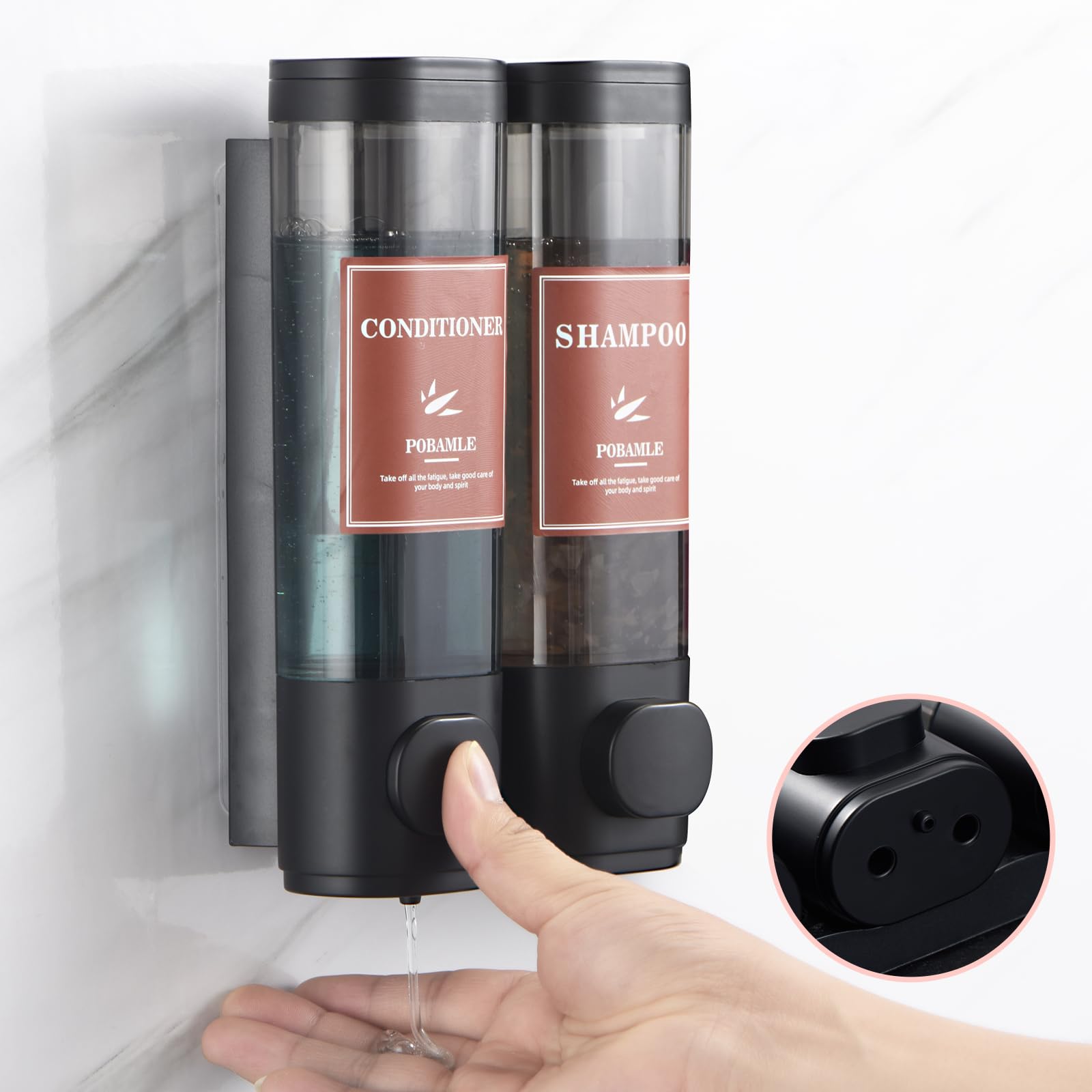 Wall Mounted Shampoo & Conditioner Dispenser - No Drill 2-Chamber Soap Dispenser for Shower, Bathroom Body Wash & Shower Gel Holder (Black) - Perfect for Space-Saving Bathroom Organization & Hands-Free Shower Convenience