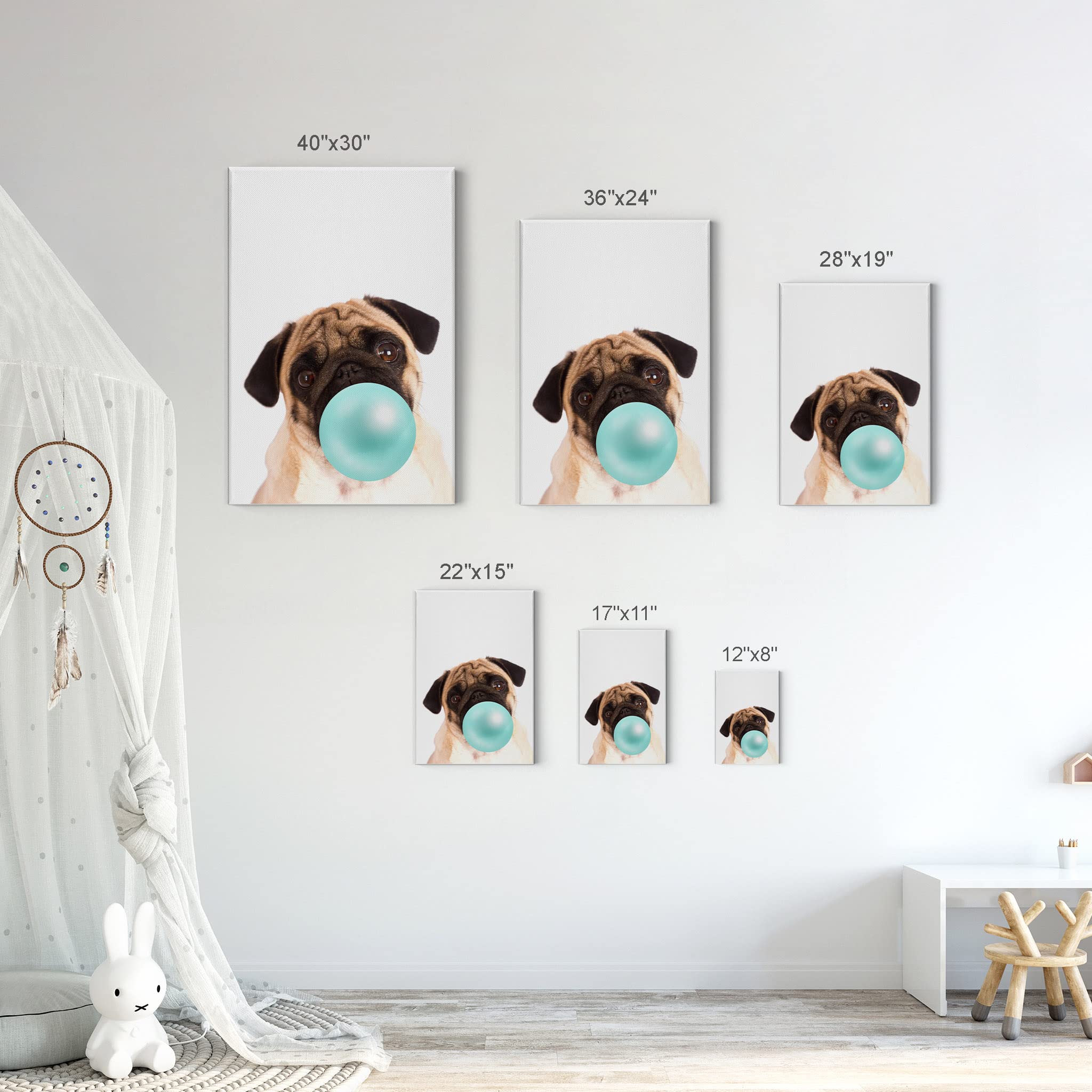 Cute Pug Dog Bubble Gum Pop Art Canvas Print - Teal Blue Animal Wall Decor for Kids Room, Nursery & Home - Ready to Hang 36x24 - Made in USA | Perfect for Pet Lovers & Modern Interior Design