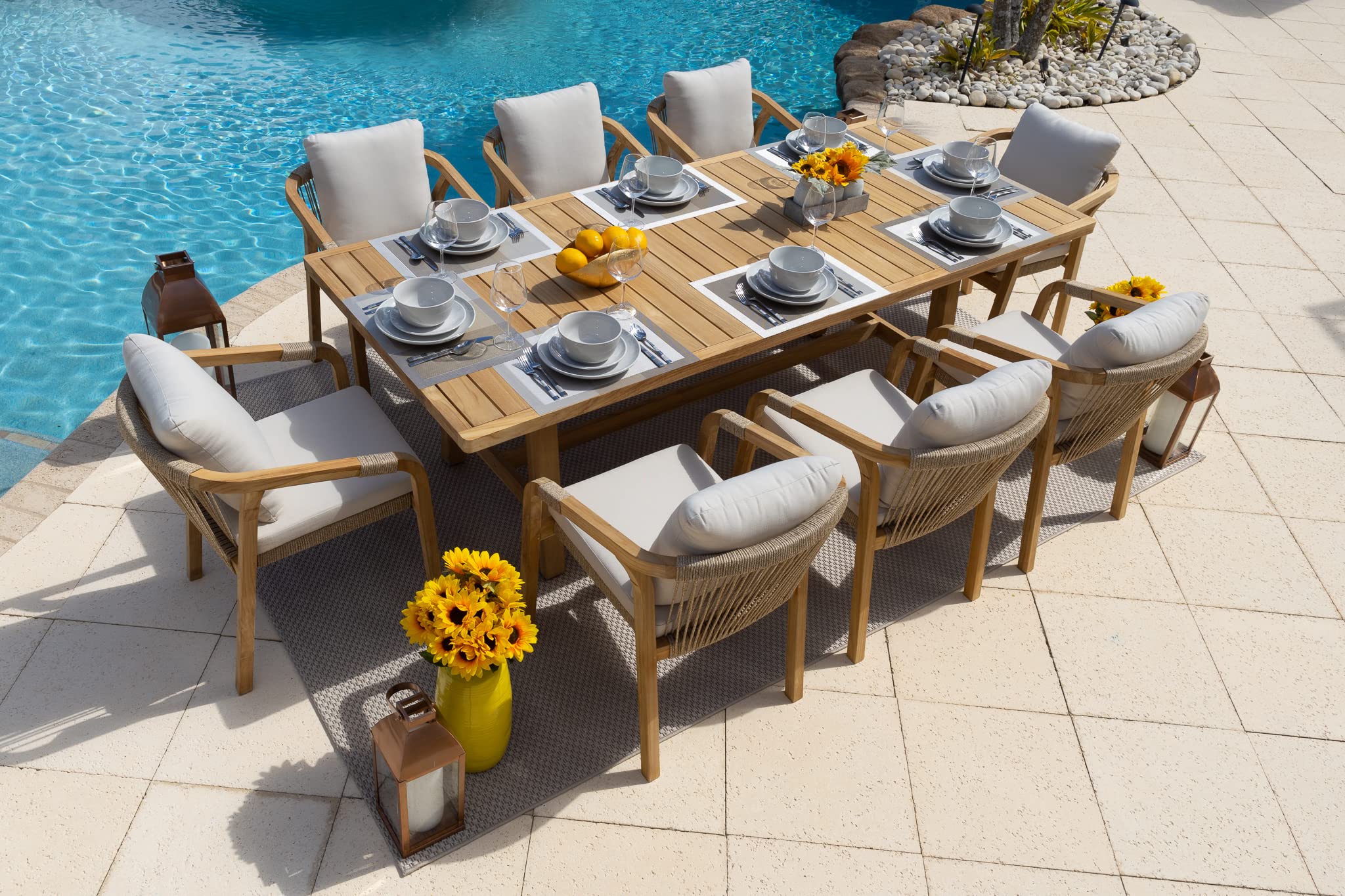 Premium 9-Piece Teak Wood Outdoor Dining Set with Table & 8 Armchairs - Durable Patio Furniture for Backyard, Garden, Poolside & Restaurant Outdoor Seating