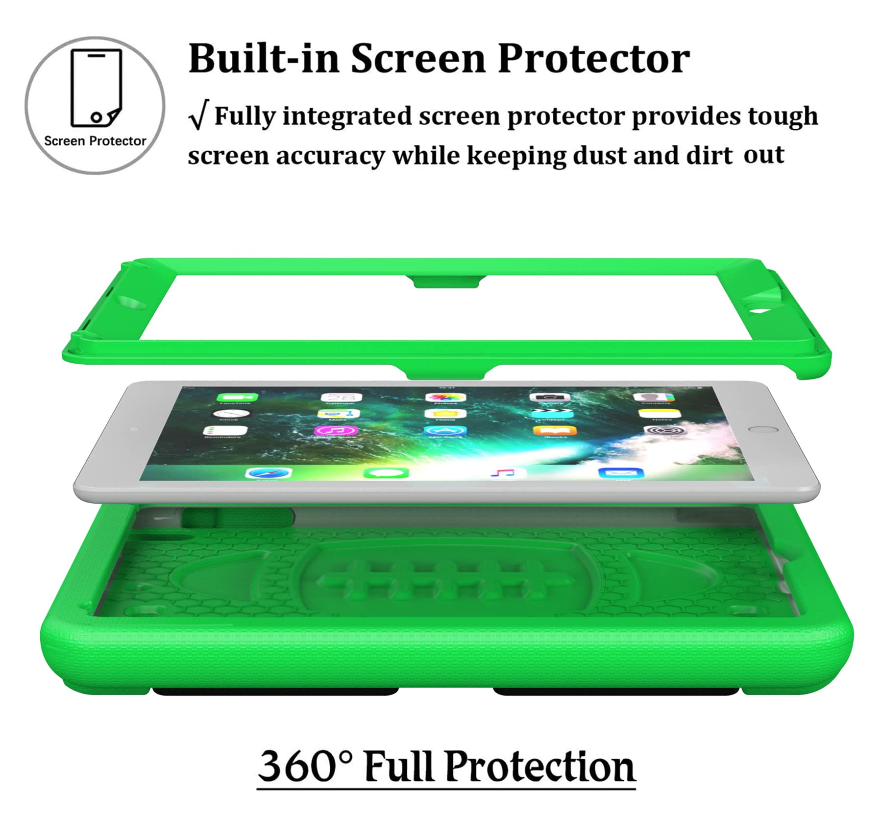 LTROP Shockproof Kids iPad Case for iPad 6th/5th Generation & Air 2 (9.7 Inch 2018/2017) - Built-in Screen Protector with Handle Stand - Green - Perfect for School, Travel & Home Learning
