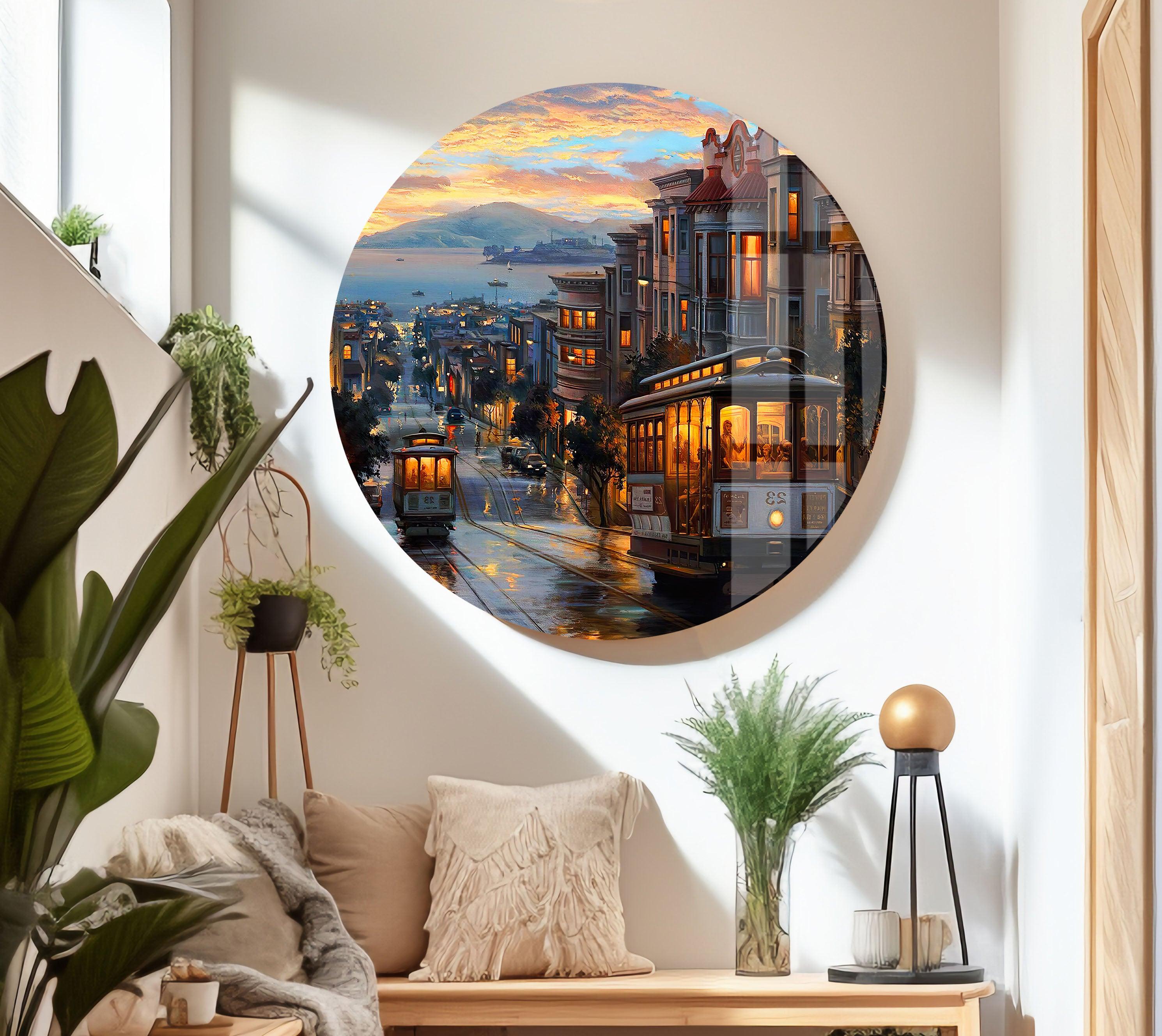 City Tram Landscape Glass Wall Art - Modern Home Decor for Living Room, Office & Bedroom - Stunning Glass Print for Urban Style Interiors