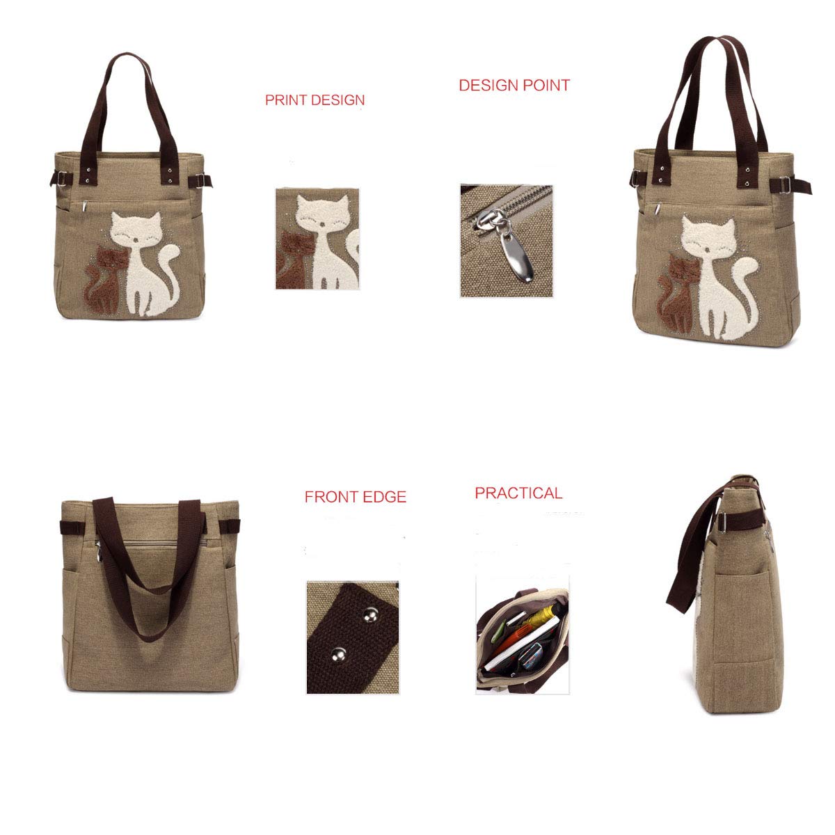 Stylish Multifunctional Cat Print Canvas Tote Bag with Zipper - Perfect for Lunch, Work, School & Shopping (Cute & Durable Shoulder Bag)