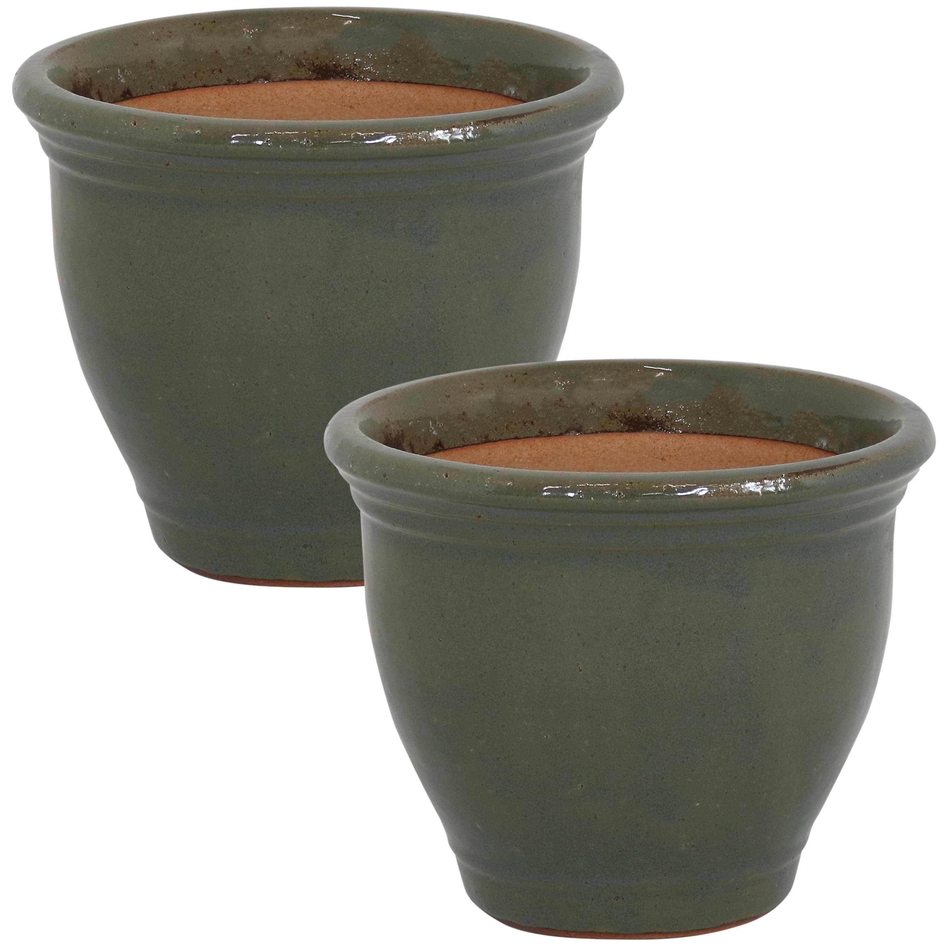 Premium Glazed Ceramic Plant Pots with Drainage Holes - Set of 2 Indoor/Outdoor Flower Planters for Home Decor, Garden & Patio