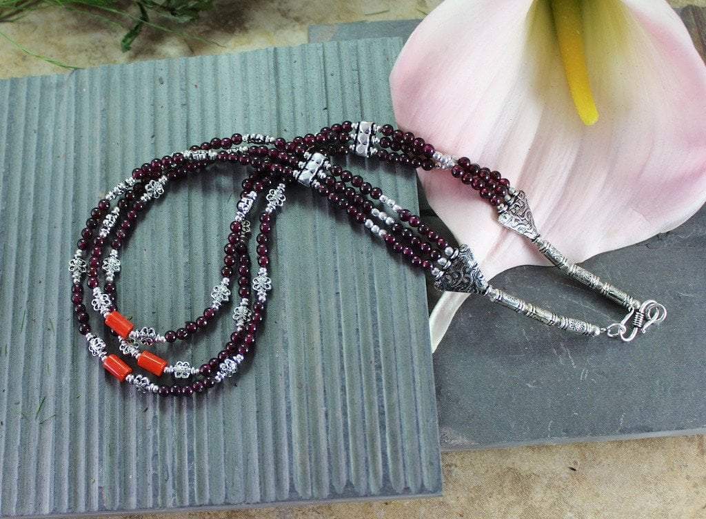Handmade Garnet and Sherpa Coral Beaded Necklace - Boho Chic Jewelry for Women - Perfect for Yoga, Meditation & Spiritual Healing