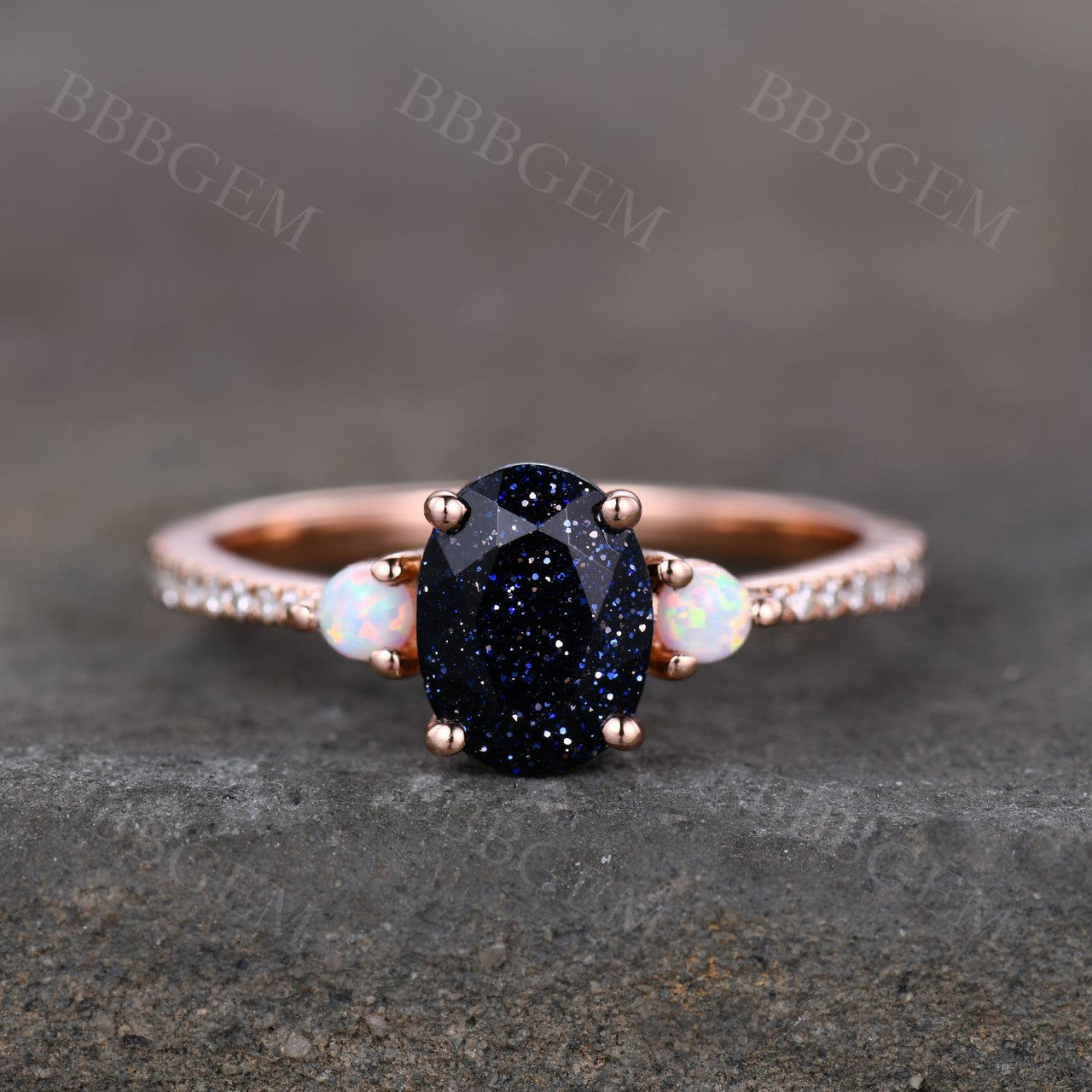 5x7mm Oval Cut Blue Sandstone Three Stone Engagement Ring - Half Eternity Diamond Wedding Band for Women - Perfect for Proposals, Anniversaries & Romantic Occasions