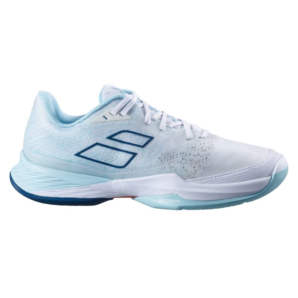 Babolat Jet Mach 3 AC Women's Tennis Shoes - Lightweight Performance Court Shoes for Women in White/Blue | Perfect for Competitive Matches & Training Sessions