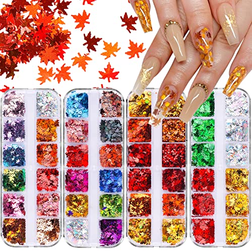 48 Grids Fall Nail Art Sequins - Holographic Thanksgiving Nail Glitter with Autumn Maple Leaves - DIY Nail Decorations for Thanksgiving, Halloween, Christmas Parties & Special Occasions