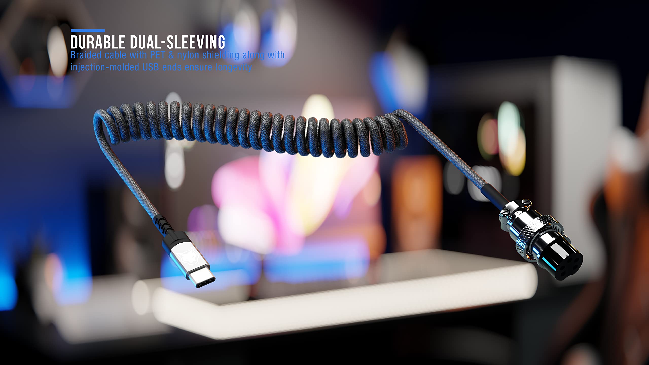 SubZERO Gaming Coiled Mechanical Keyboard Cable - Premium Double-Sleeved USB-C Cable with Detachable Aviator Connector, 6.6ft Dark Gray - Perfect for Mechanical Keyboards, Gaming Setups & Workstations
