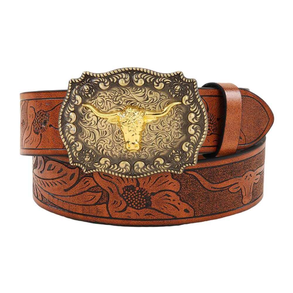 Western Cowboy PU Leather Belt for Men - Brown & Black Genuine Leather Belt with Longhorn Bull Buckle - Stylish Western Belt for Jeans, Rodeo & Country Fashion