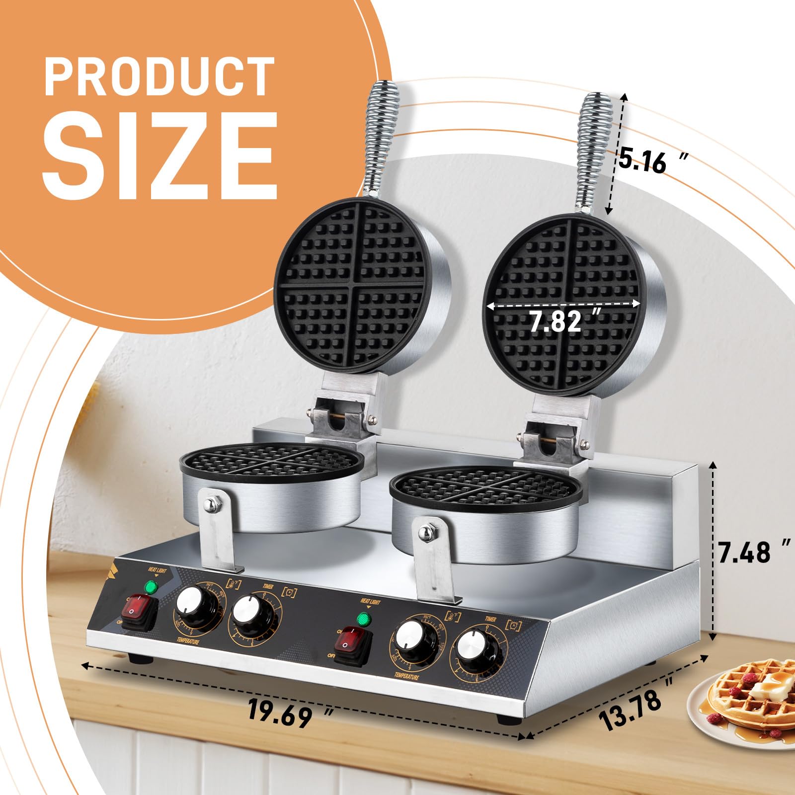 ROVSUN Commercial Double Head Waffle Maker Machine - 2400W Stainless Steel Professional Waffle Iron with Non-Stick Plates (110V/240V) for Bakery, Restaurant, Snack Bar or Home Use - Perfect for Breakfast, Brunch and Dessert Making