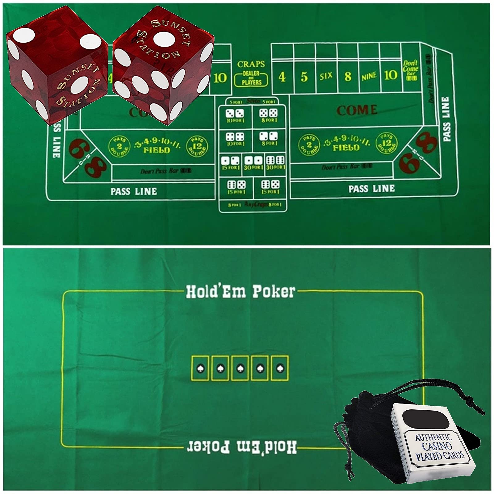 Craps & Poker Set - 6ft x 3ft Casino Felt Layout with Dice & Cards - for Home Game Nights