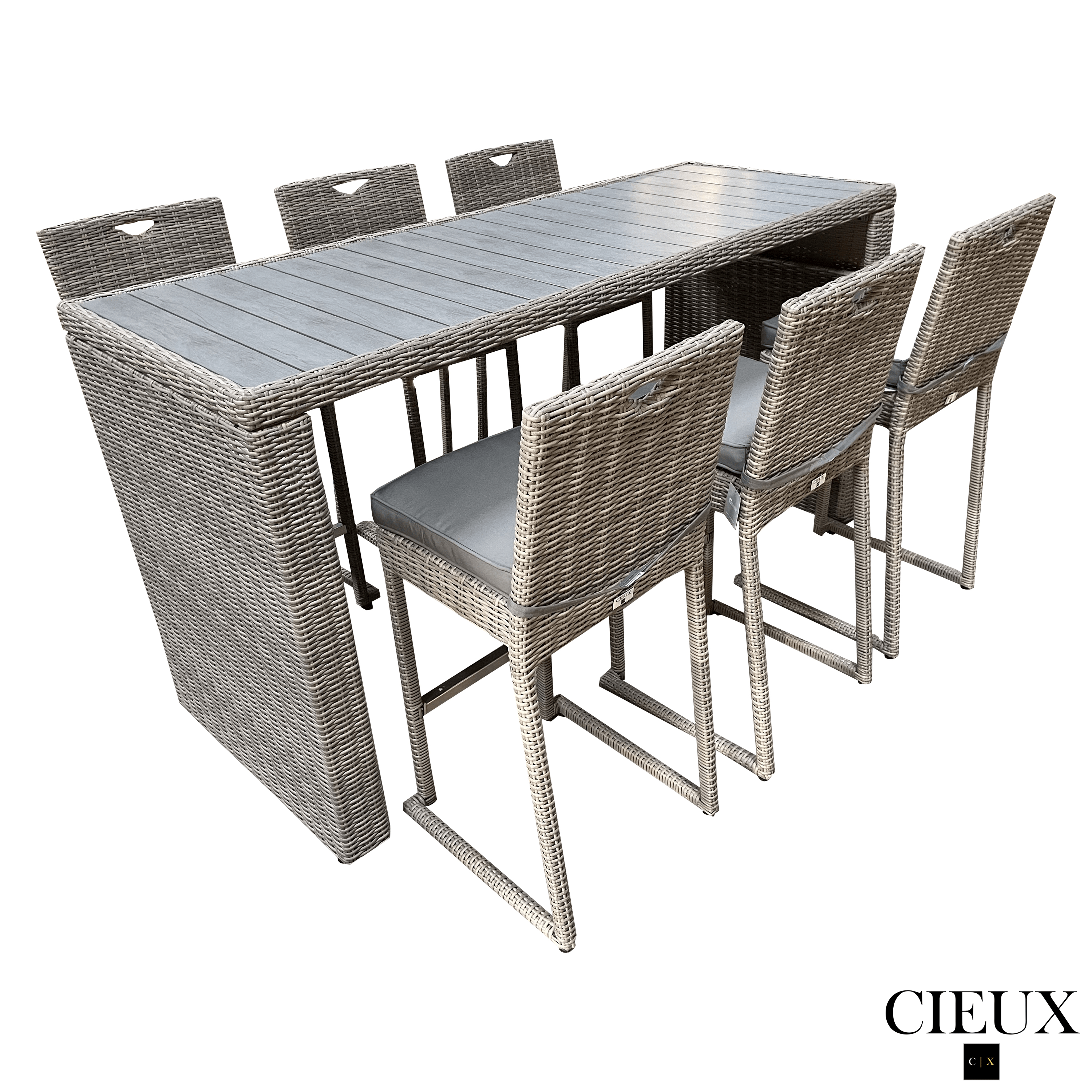 Riviera Outdoor Patio Wicker Bar Table and 6 Chairs Set - Grey Rattan Furniture with Sunbrella Canvas Charcoal Cushions - Perfect for Backyard, Poolside, and Garden Dining