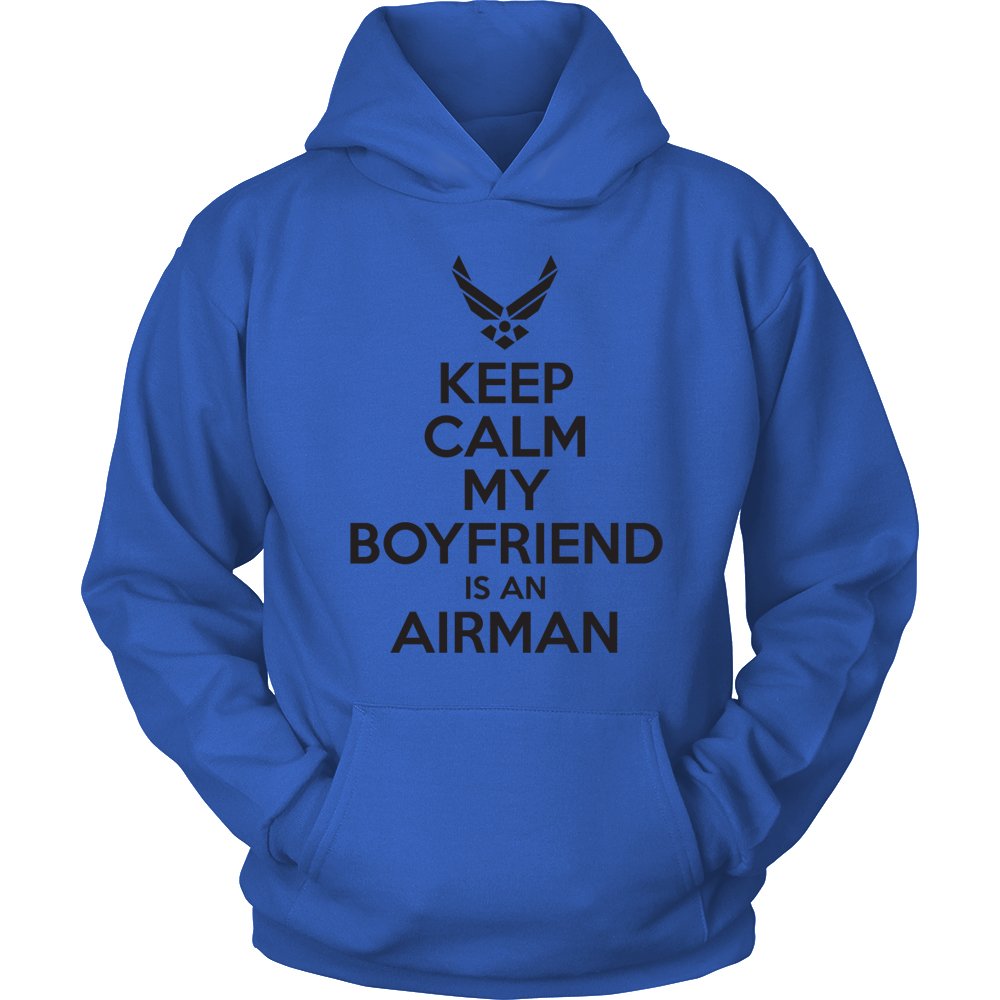 Egoteest Air Force Hoodie - Keep Calm My Boyfriend is an Airman Sweatshirt - USAF Girlfriend Gift - Military Apparel for Women - Perfect for Military Ball, Homecoming & Proud Air Force Support