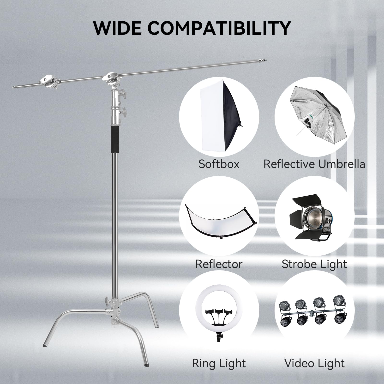 Professional C Stand with Boom Arm - 10.82ft/330cm Heavy Duty Stainless Steel Photography Light Stand, 3.6ft/110cm Adjustable Boom Arm for Studio Strobe Lights, Softboxes & Reflectors - Perfect for Photography, Videography & Film Production