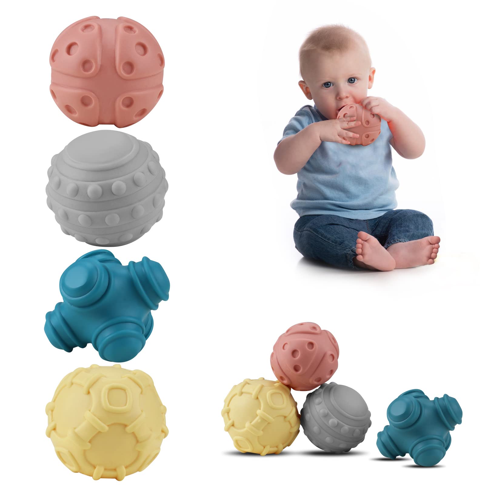 Soft Textured Baby Sensory Balls Set - 4PCS Tactile & Sound Toys for Bath Time, Early Learning & Sensory Exploration - Perfect Gift for Infants 6+ Months - Encourages Motor Skills & Cognitive Development